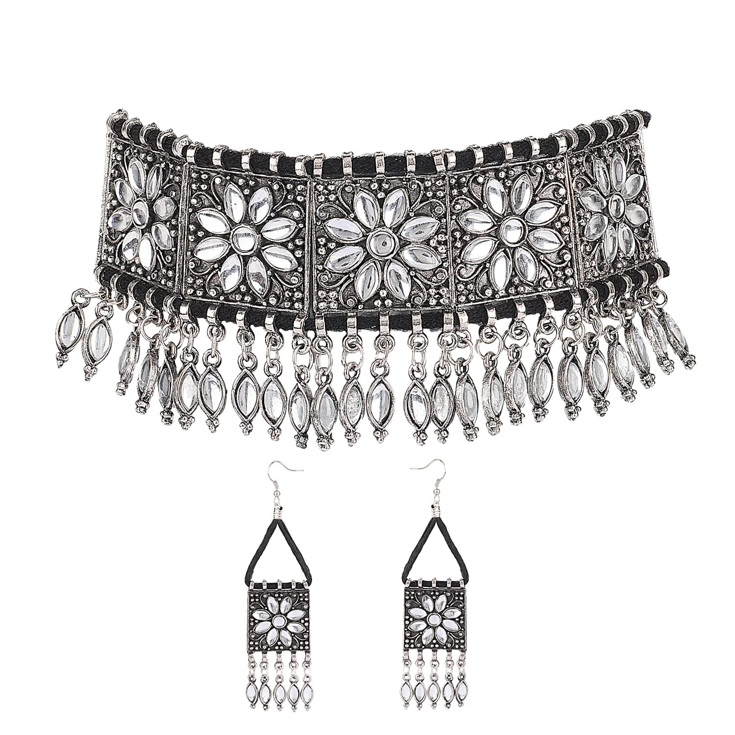 Shining Diva FashionLatest Stylish Fancy Oxidised Silver Tribal Choker Necklace Jewellery Set for Women (12254s)