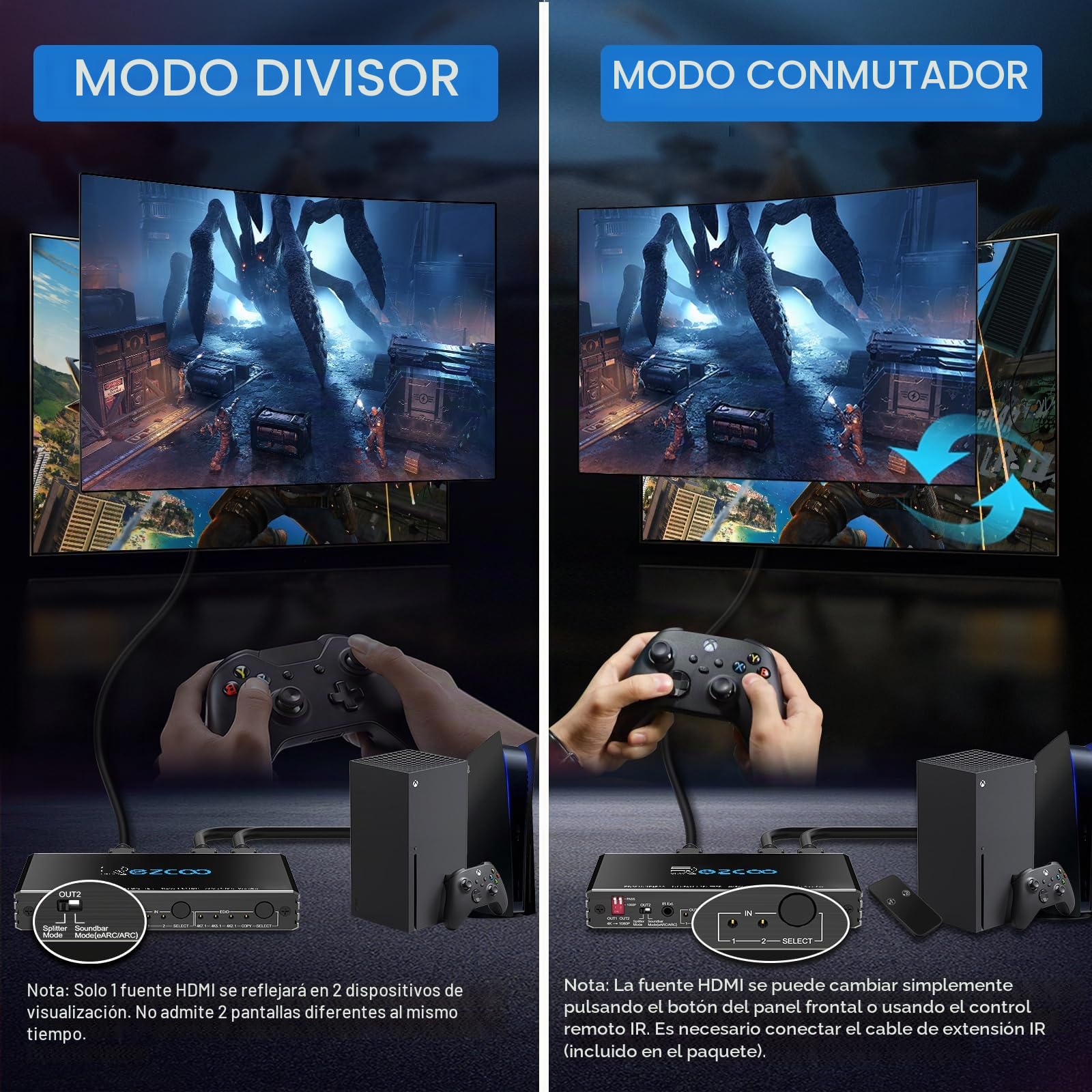 Divisor HDMI 4K 60Hz ARC/eARC for Soundbar HDMI Switch Bi-Direction 1 In 2 Out or 2 Input to 2 Output to 2 Output SPDIF 5.1CH Breakout D-olby Vision Atmos HDR CEC HDCP2.2 Scaler 4K 1080 for Xbox, PS5