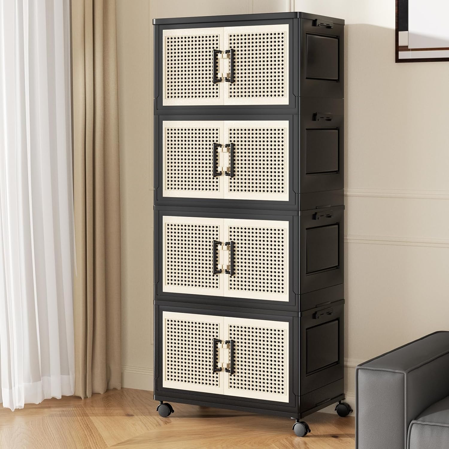 Storage Bins with Lids, Stackable Storage Containers with Lids, Collapsible Plastic Bins, Closet Organizers and Storage with Wheels and Magnetic Door for Home Office Dorm (4 Pack)