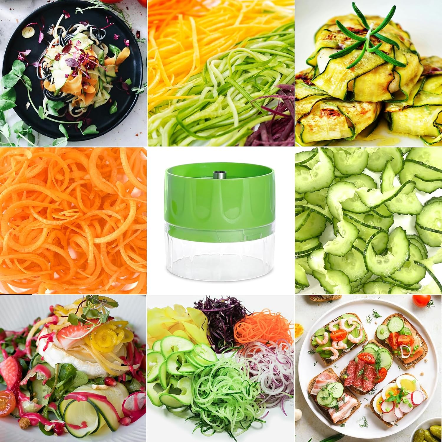 3-in-1 Vegetable Spiralizer Slicer, Adjustable Mandoline Spiral Cutter for Zucchini Noodles, Carrots, Cucumber (Green)