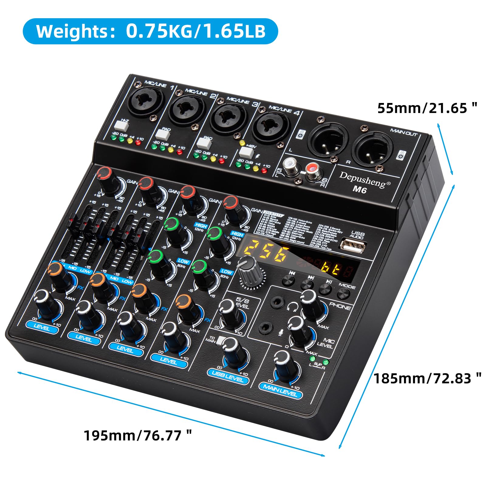 Depusheng M6 Portable Mini Mixer 6-Channel Audio Mixer DJ Console