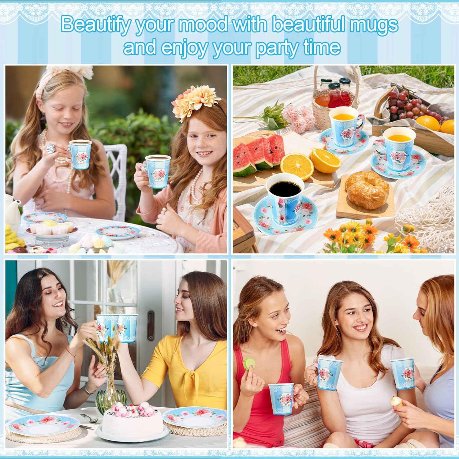 Zopeal 100 Pcs Disposable Tea Party Decorations 9 oz Floral Paper Cup with Handle and Saucer Set for Mother Day Wedding Birthday Spring Princess Blossom Party Baby Shower Supplies(Sky Blue)