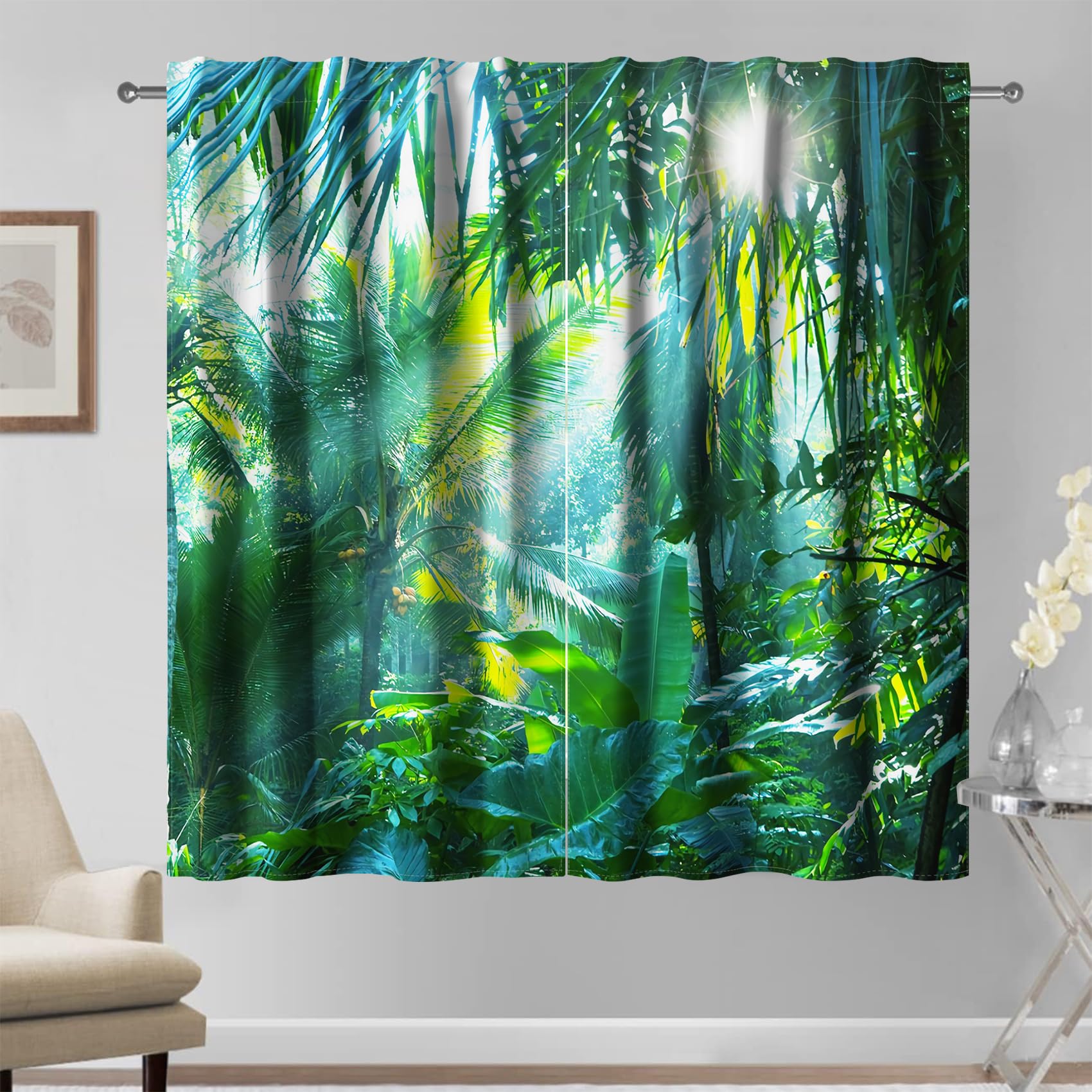 Kzzfqxb 132x214cm Curtains 2 Panels, Refreshing Lush Bush Forest Bright Sunshine Through Green Palm Trees Banana Leaves Rod Pocket Window Drapes, Fresh Vibrant Decor for Bedroom Living Room