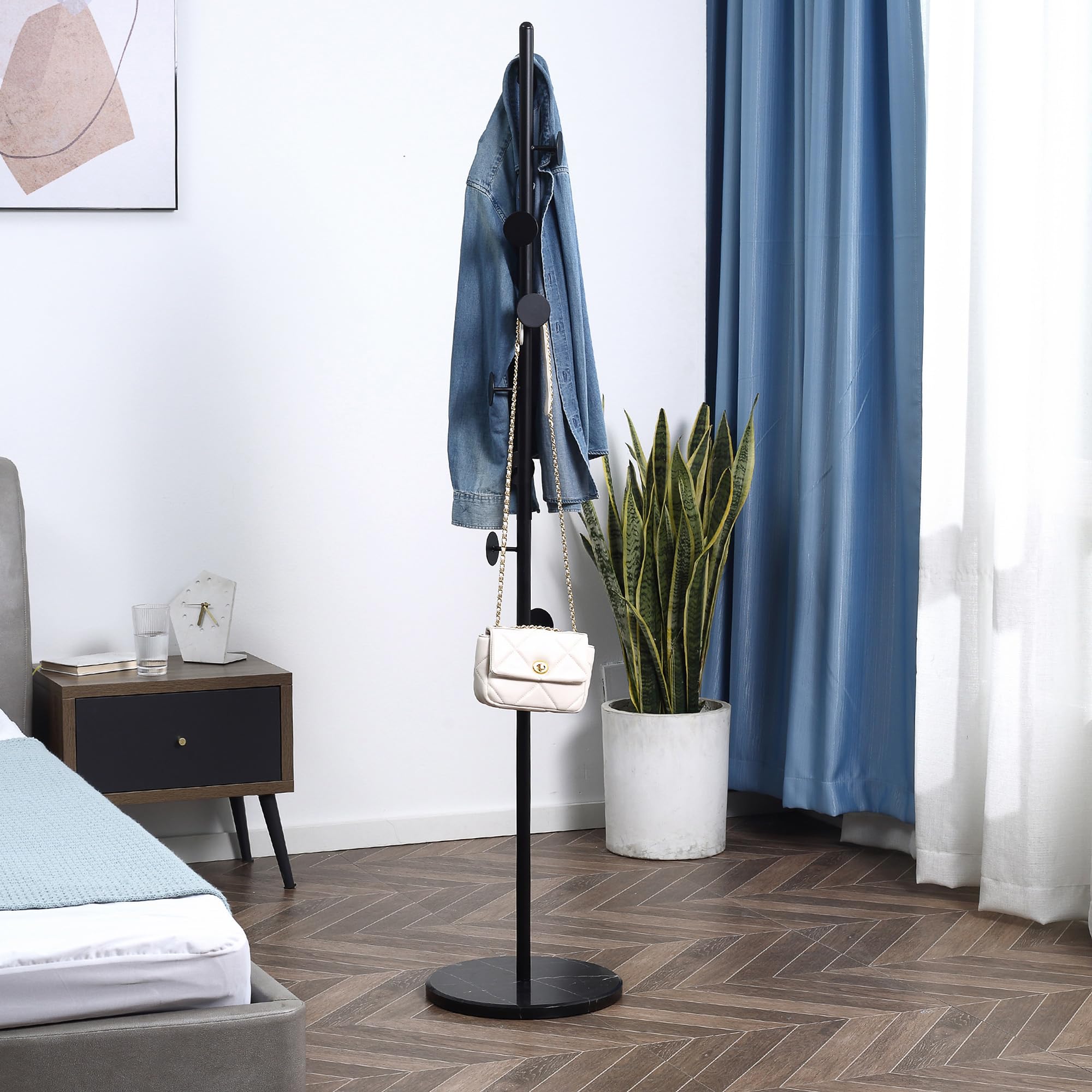 HOMCOM Albero Appendiabiti con 8 Ganci Base Rotonda 35x35x170 cm Nero | Appendiabiti da Terra, in Acciaio e Marmo