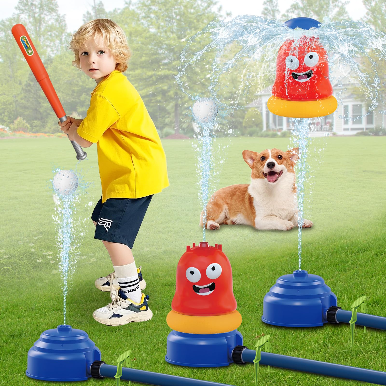 Water Sprinkler Baseball Toy for Kids Yard Outdoor Play,3 in 1 Summer Water Game with Fun Sprinkler Toy for Summer Outside Backyard Garden Lawn Toddlers for Boys Girls Dogs Pets
