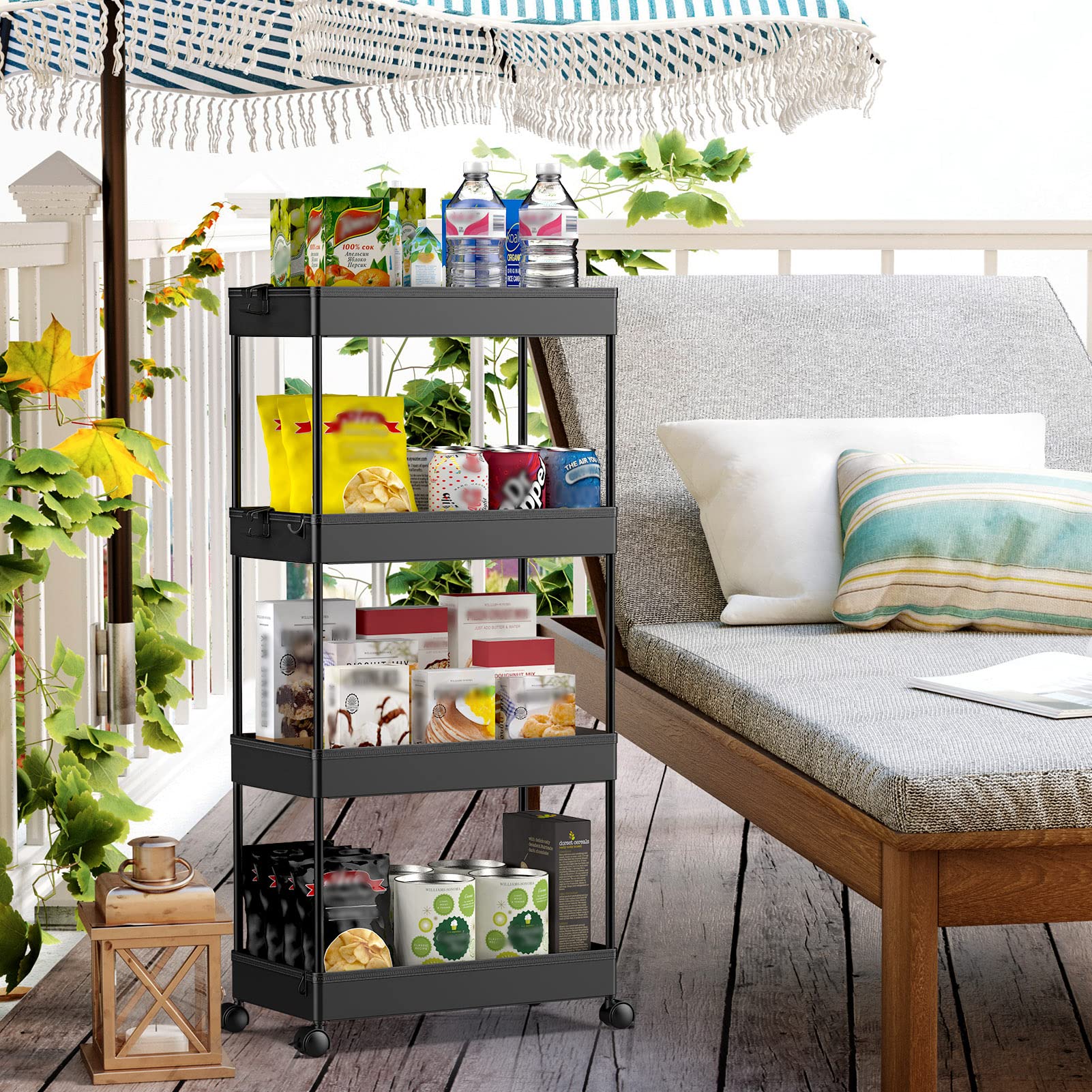 SPACEKEEPER Storage Cart 4 Tier Mobile Shelving Unit Organizer Rolling Utility Cart for Kitchen Bathroom Laundry, Black