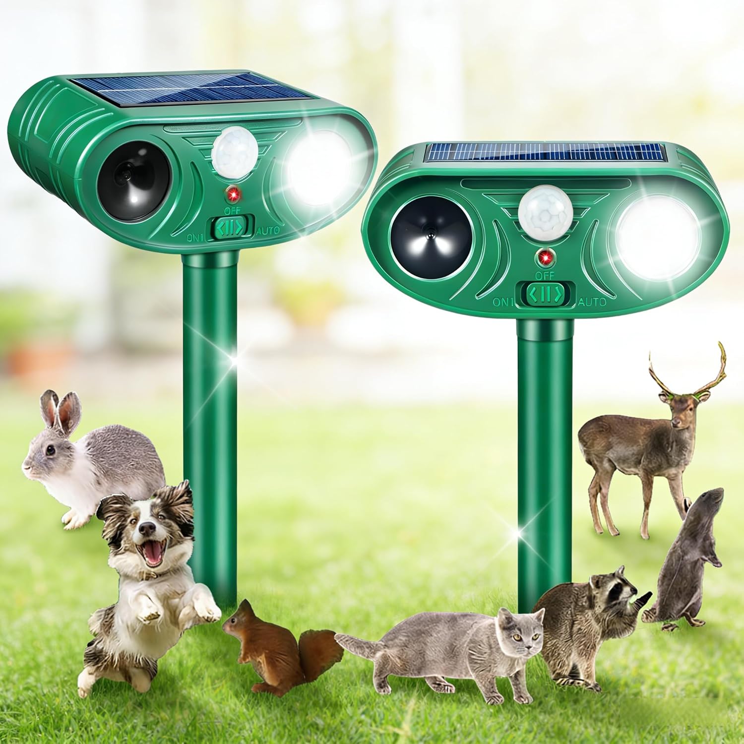 2 Pack Solar Animal Repellent Outdoor Ultrasonic Cat Repellent Outdoor & Deer Repellent Devices,IP66 Waterproof Squirrel, Racoon, Skunk, Rabbit & Dog Repeller Device with Strobe Light