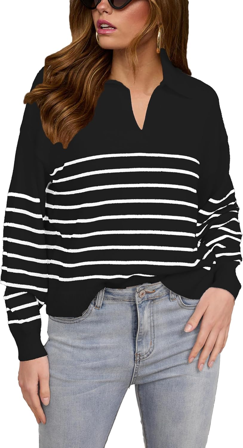 Women’s Sweater, Casual Striped Long Sleeve Polo V Neck Knit Pullover Loose Sweater for Valentine’s Day