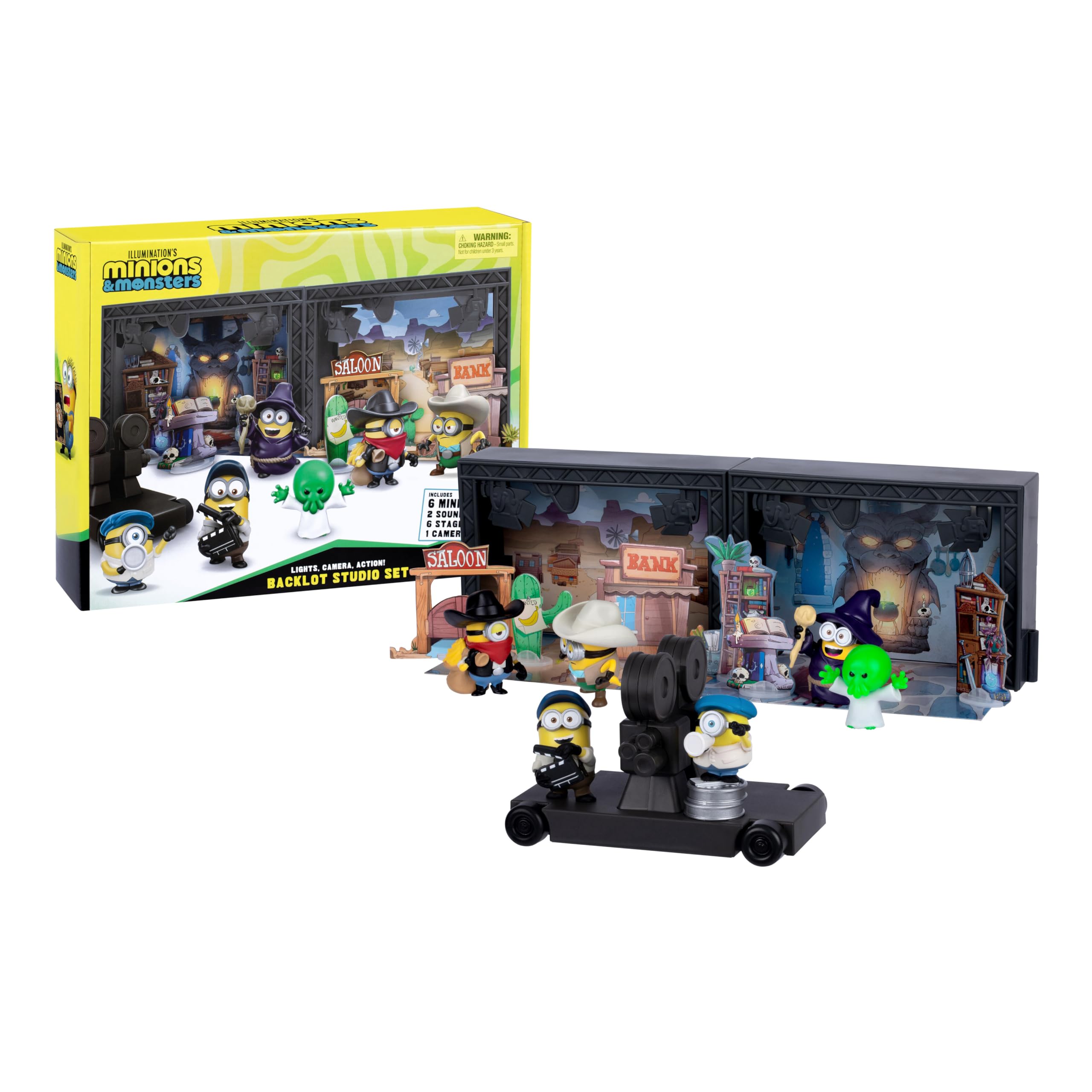 MINIONS Illumination's Monsters Backlot Studio Set, Build Your Monstrous Hollywood Production, Includes 2 Sound Stages, 6 Cast & Crew Mini Figures, and 6 Themed Stage Props