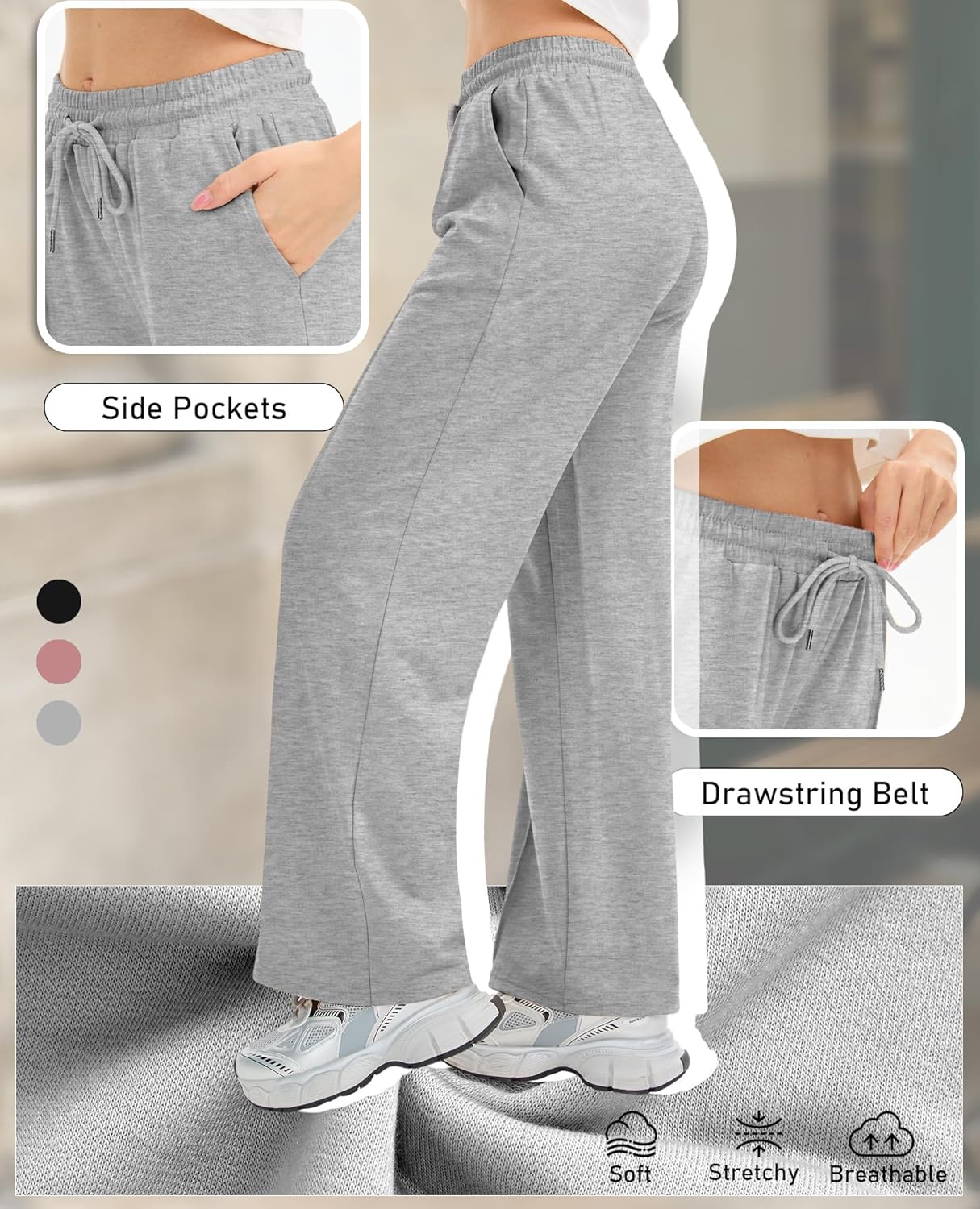 3 Pack Women's Wide Leg Lounge Pants High Waisted Baggy Sweatpants Drawstring Athletic Yoga Joggers with Pockets - Image 5