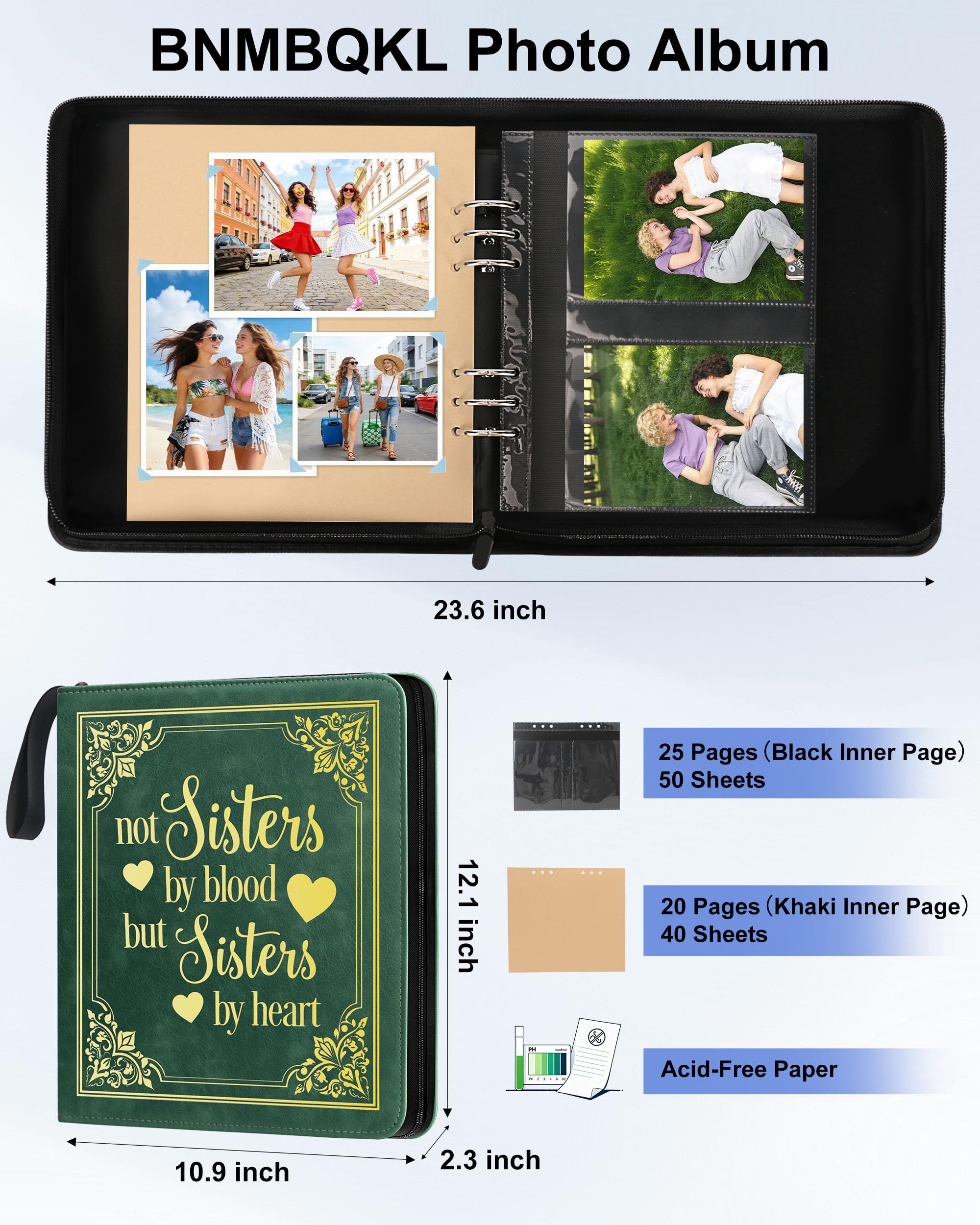 Álbum de fotos de cuero para hermanas de 4 x 6 pulgadas, 100 fotos, álbum de fotos de memoria con 25 páginas y 20 álbumes de recortes en blanco, diario de recuerdos de viaje, libro de fotos para