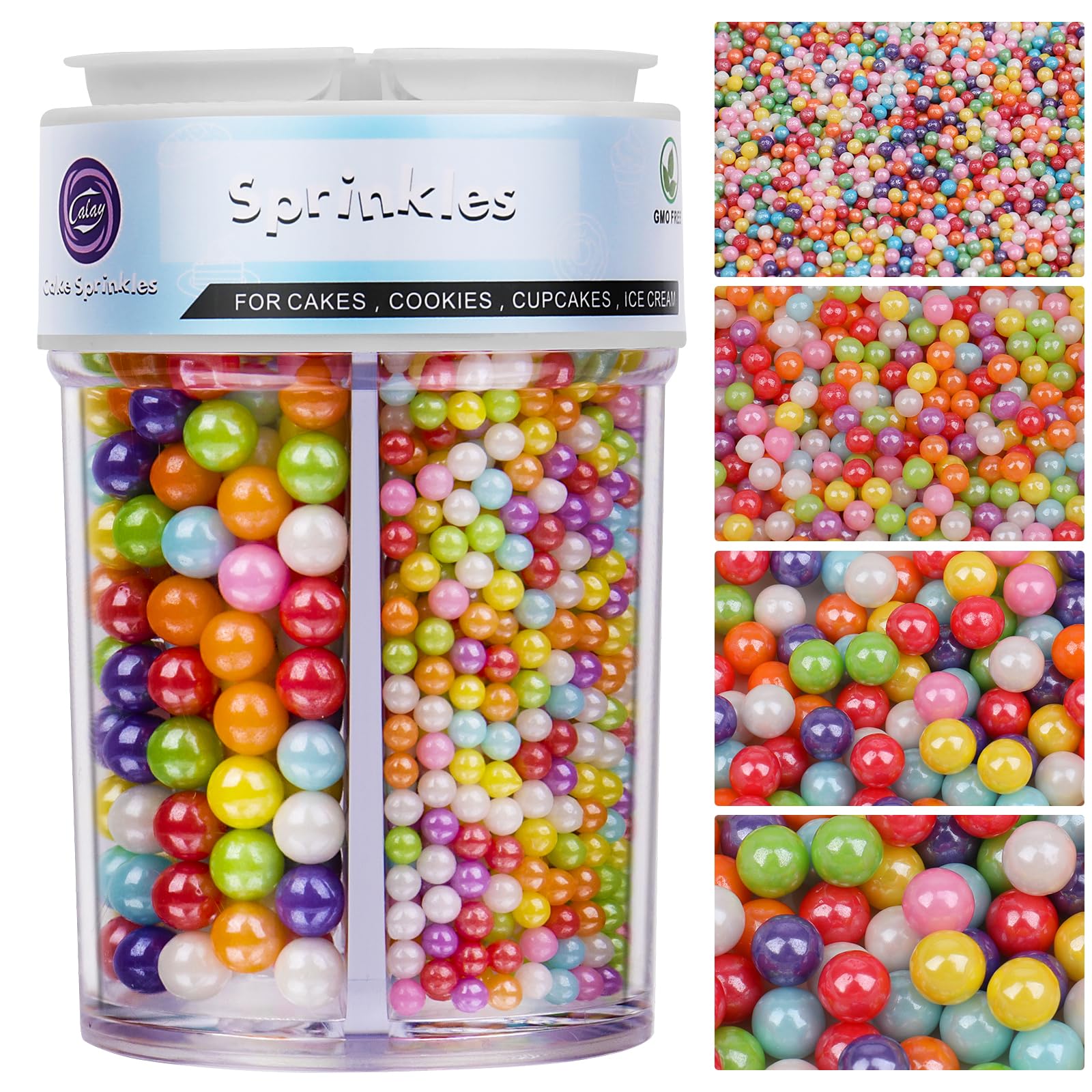 Sprinkles for Cake Decorating, Rainbow Pearl Sprinkles 4 Sizes Mix for Cake Cupcake Cookie Baking Donuts Ice Cream Toppings