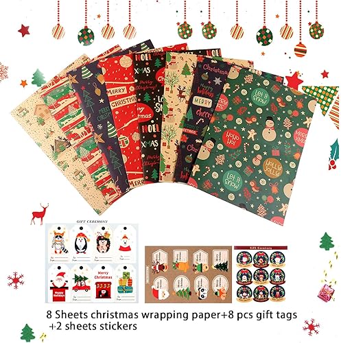 Miniatura 3 de Juego de papel de regalo de Navidad, 8 hojas de papel kraft reciclado, diseño de Papá Noel, muñeco de nieve, alce, feliz Navidad, papel de regalo