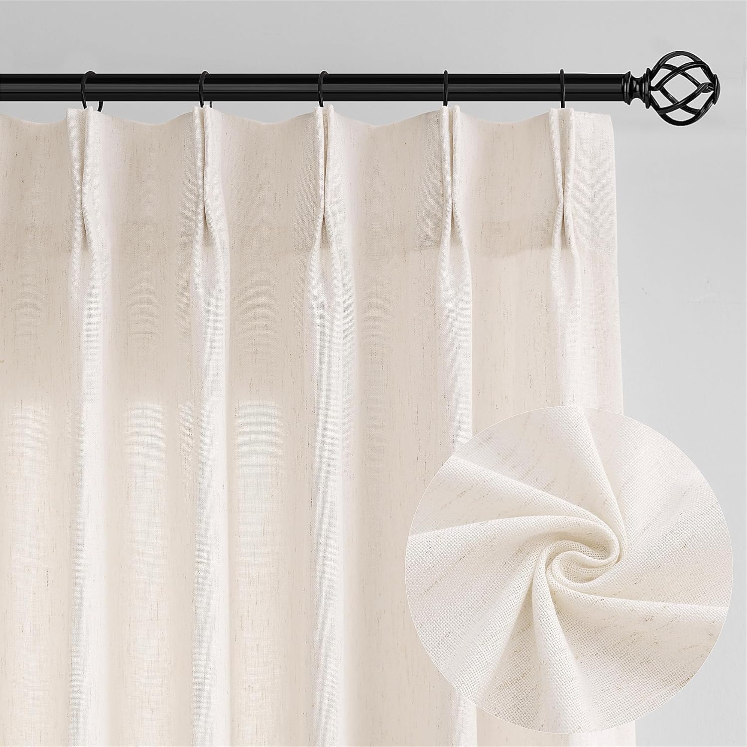 Pinch Pleat Linen Sheer Curtains 96 Inches Long 100 Inch Wide for Patio Sliding Door Light Filtering Semi Sheer Pleated Drapes Back Tab Cream Ivory Extra Wide 100 x 96 Curtain for Living Dining Room