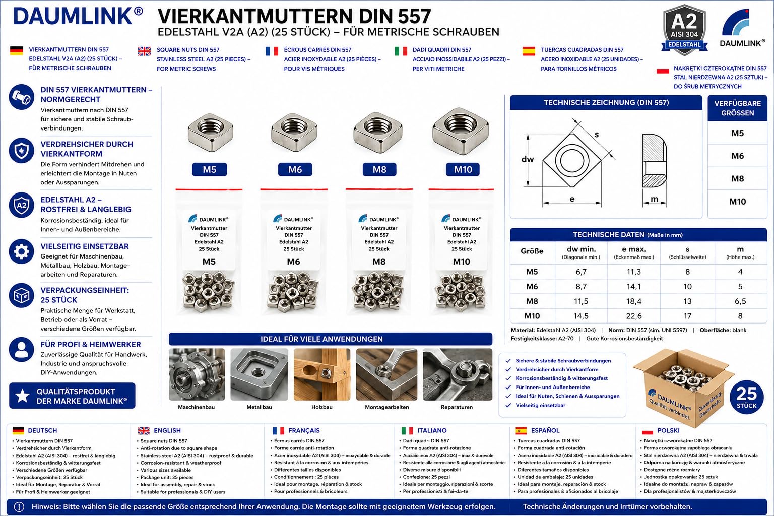 Dado quadrato DIN 557 – Acciaio inox A2 (V2A) | Dado a sezione quadrata ad alta stabilità | Equivalente UNI 5597 | Fissaggio robusto e antirotazione | 25 pezzi – varie misure (M8)