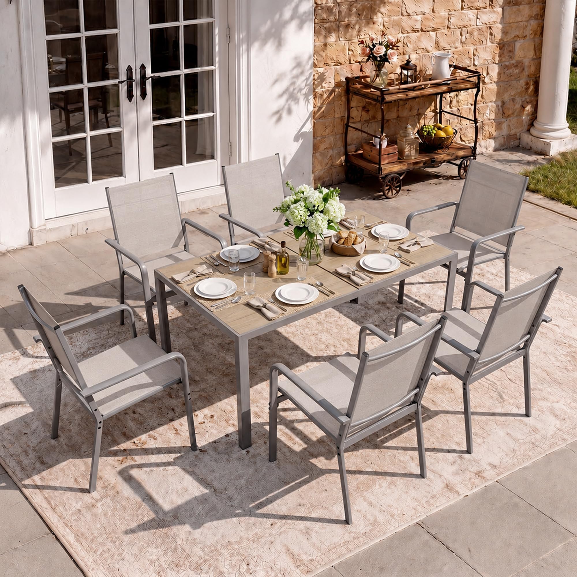 Xbro Gartenmöbel Set 6 Personen, 7-teiliges Gartenmöbel Set 6 Stühle mit Tisch, Gartentisch mit Stühlen Set, Terrassenmöbel Wetterfest, Stapelbare Textilene Gartenstühle für Garten, Balkon