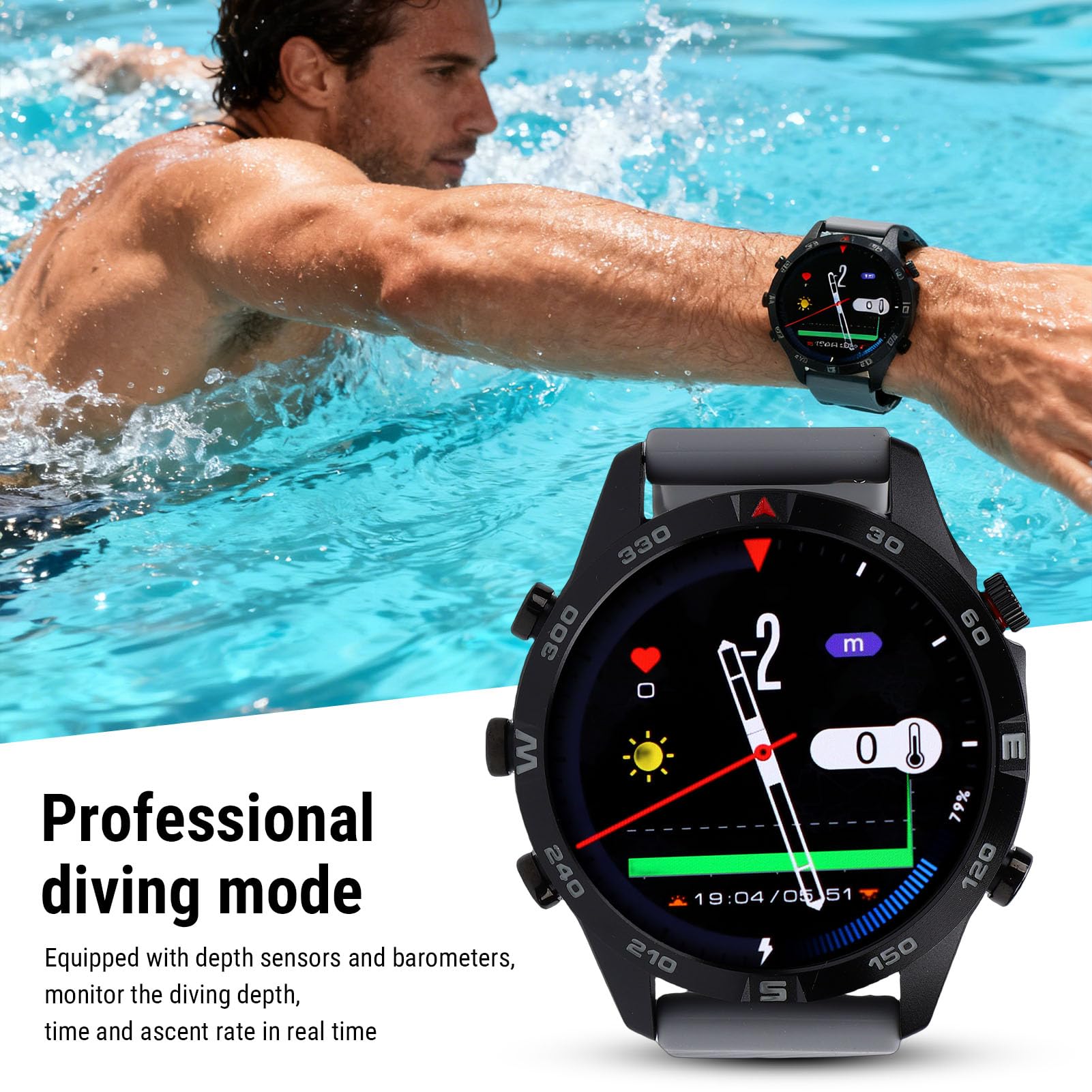 Drfeify Montre de Plongée Intelligente, Alliage de Zinc et Silicone, Ordinateur de Plongée étanche jusqu'à 100 M avec Capteur de Profondeur et Baromètre pour Les Activités sous-Marines