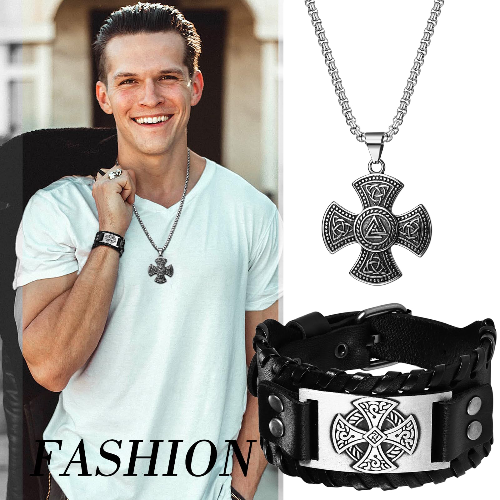 OIDEA Herren Halskette Armband Set, Kette aus Edelstahl mit Keltischer Knoten Kreuz Spielkarte Anhänger & Breit Armband aus Echtleder, Gold Silber