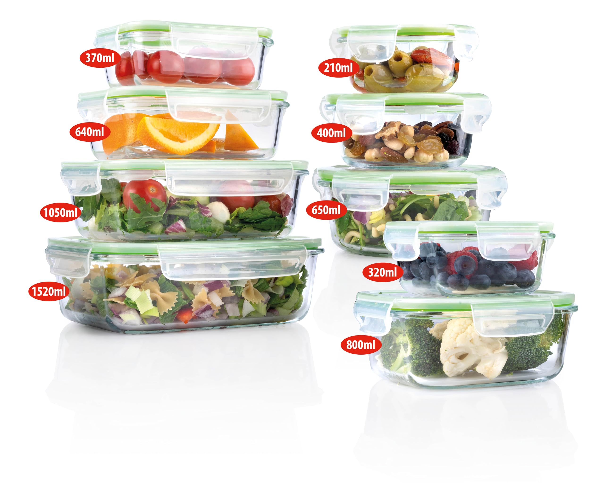 alpina Fiambreras con tapa – Cristal – 12 piezas – Recipiente de cristal – Caja de almacenamiento – Microondas, congelador, seguro para lavavajillas – 9 tamaños