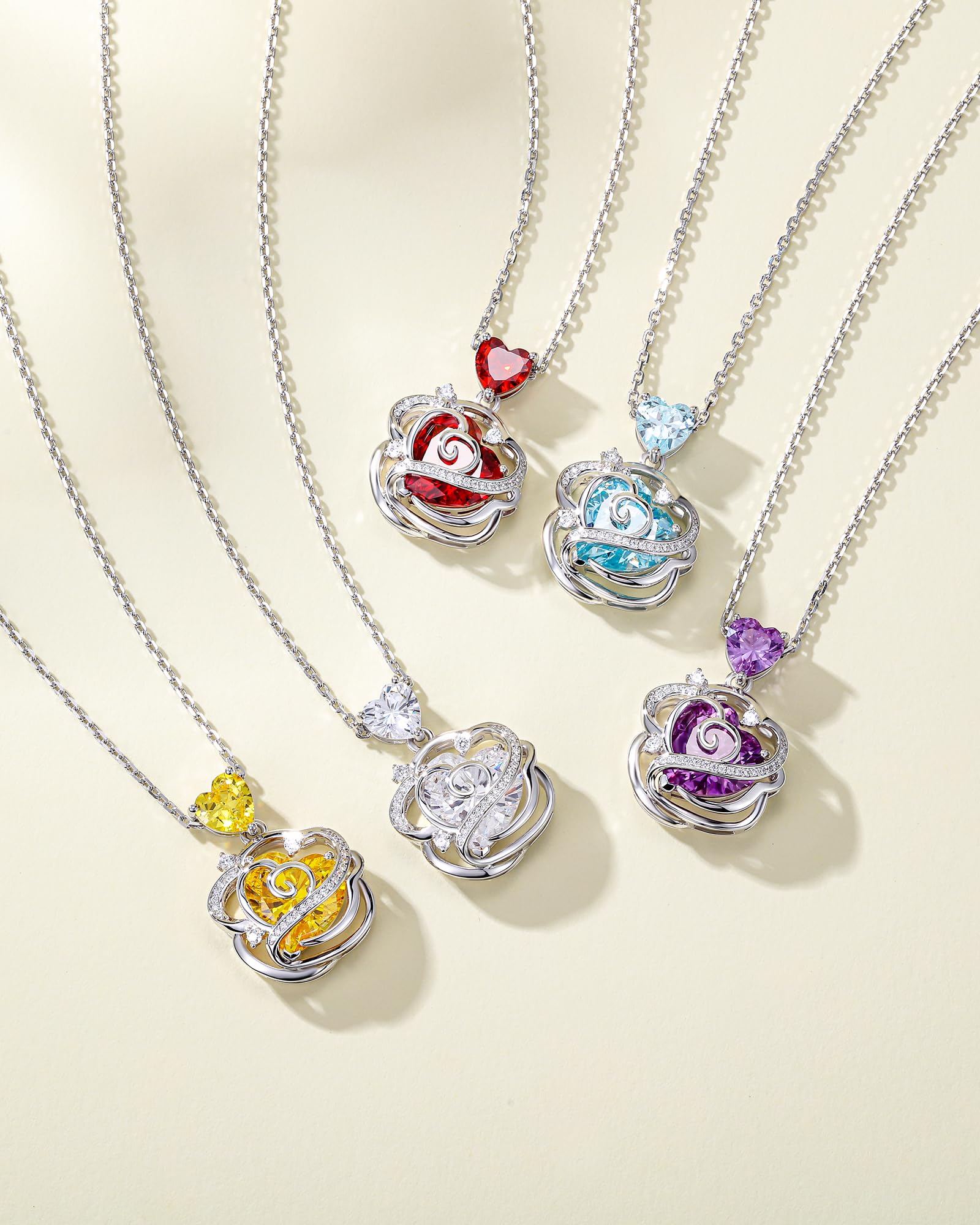 FANCIME Rose Anhänger Halskette für Damen mit Herz künstliche Geburtsstein | 925 Sterling Silber Kette vergoldet mit imitierter Edelsteine Blume Schmuck Weihnachten Geburtstag Geschenke für Frau Sie Mam