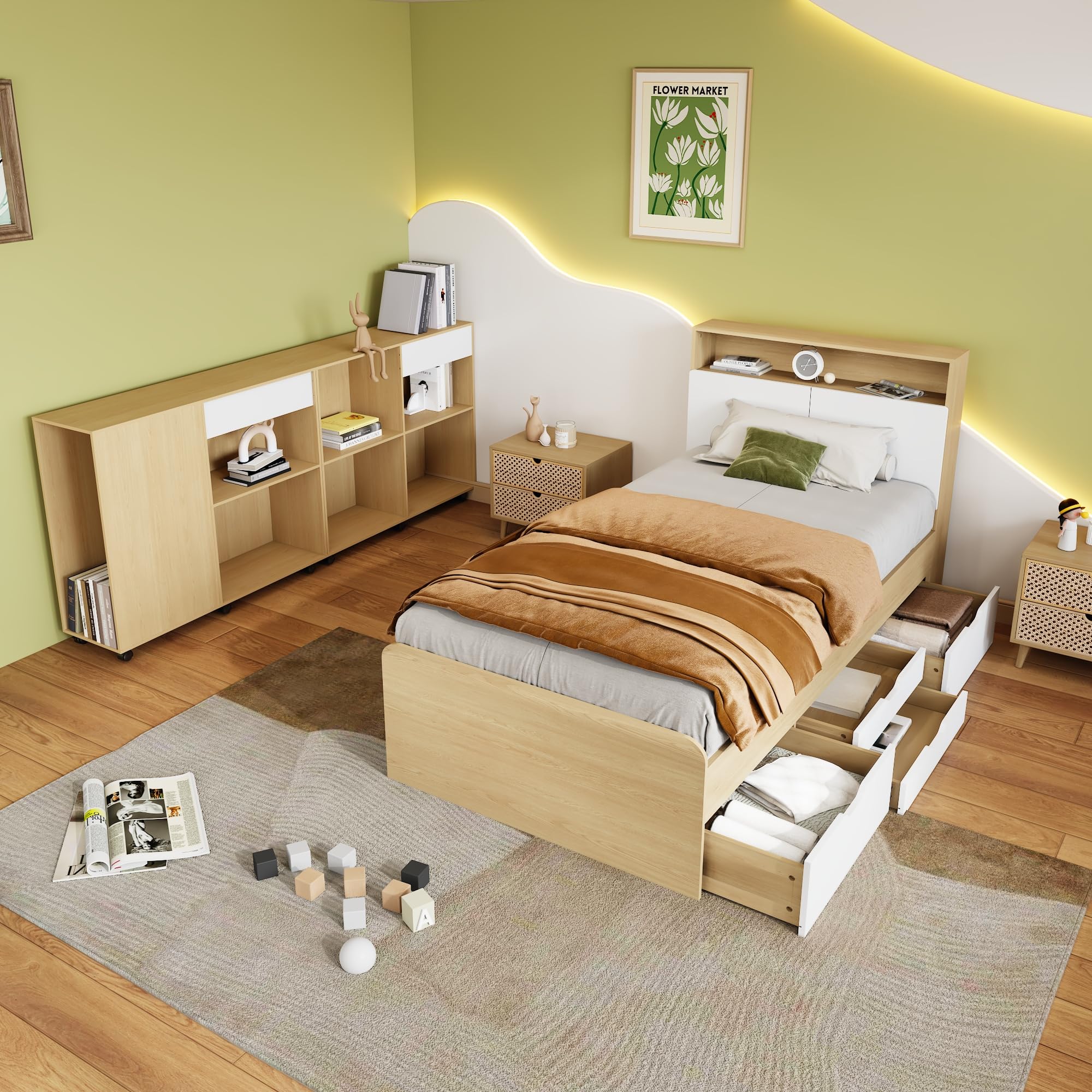 Set completo per camera da letto, camera dei ragazzi, letto singolo 90 x 200 cm + armadi, letto per ragazzi, letto a pannello con 4 cassetti, 2 armadi con ruote sul pavimento, MDF + truciolato, bianco