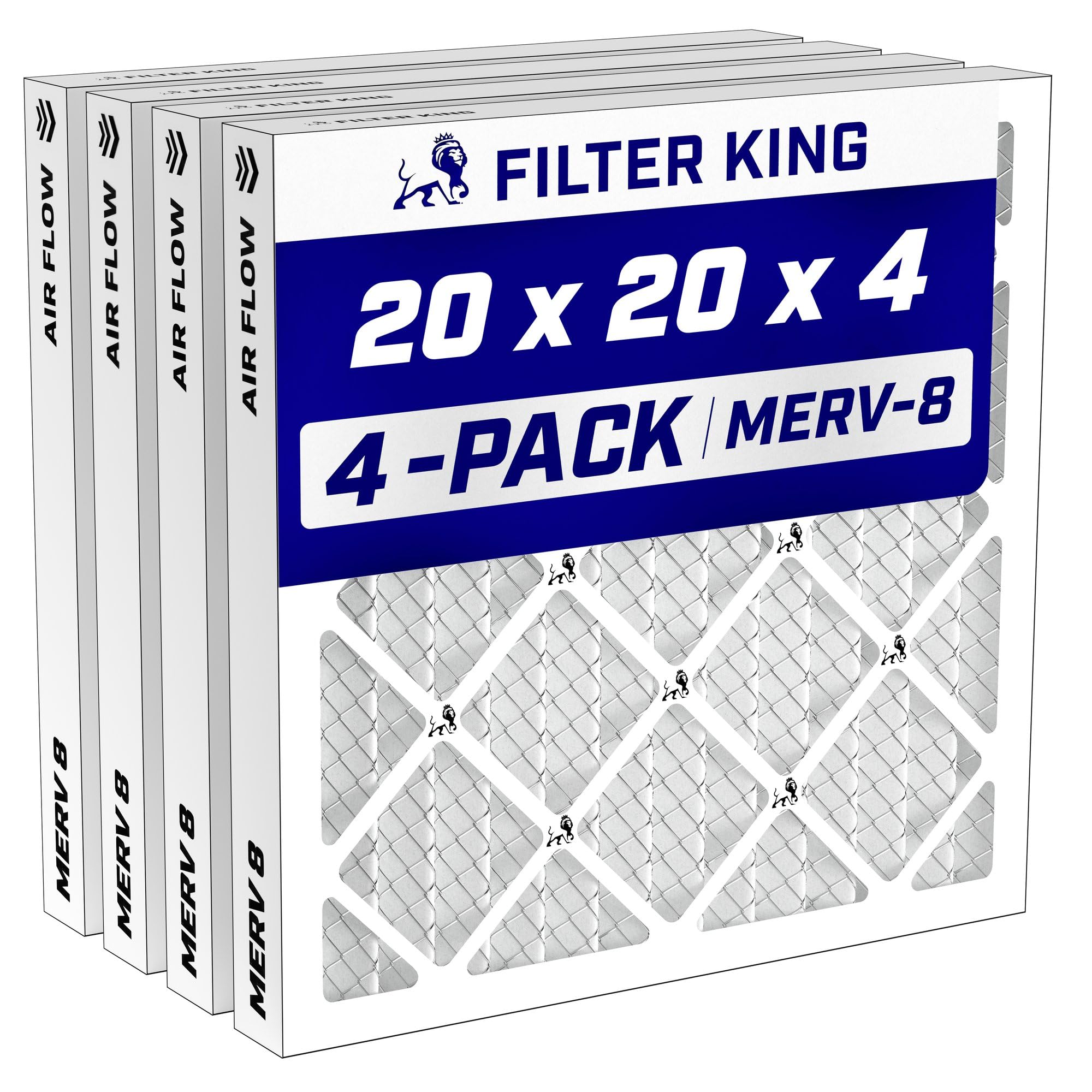 Filter King 20x20x4 Air Filter MERV 8, AC Furnace Filters (4-Pack) | Dust & Allergy Control (Actual Size: 19.5 x 19.5 x 3.75)
