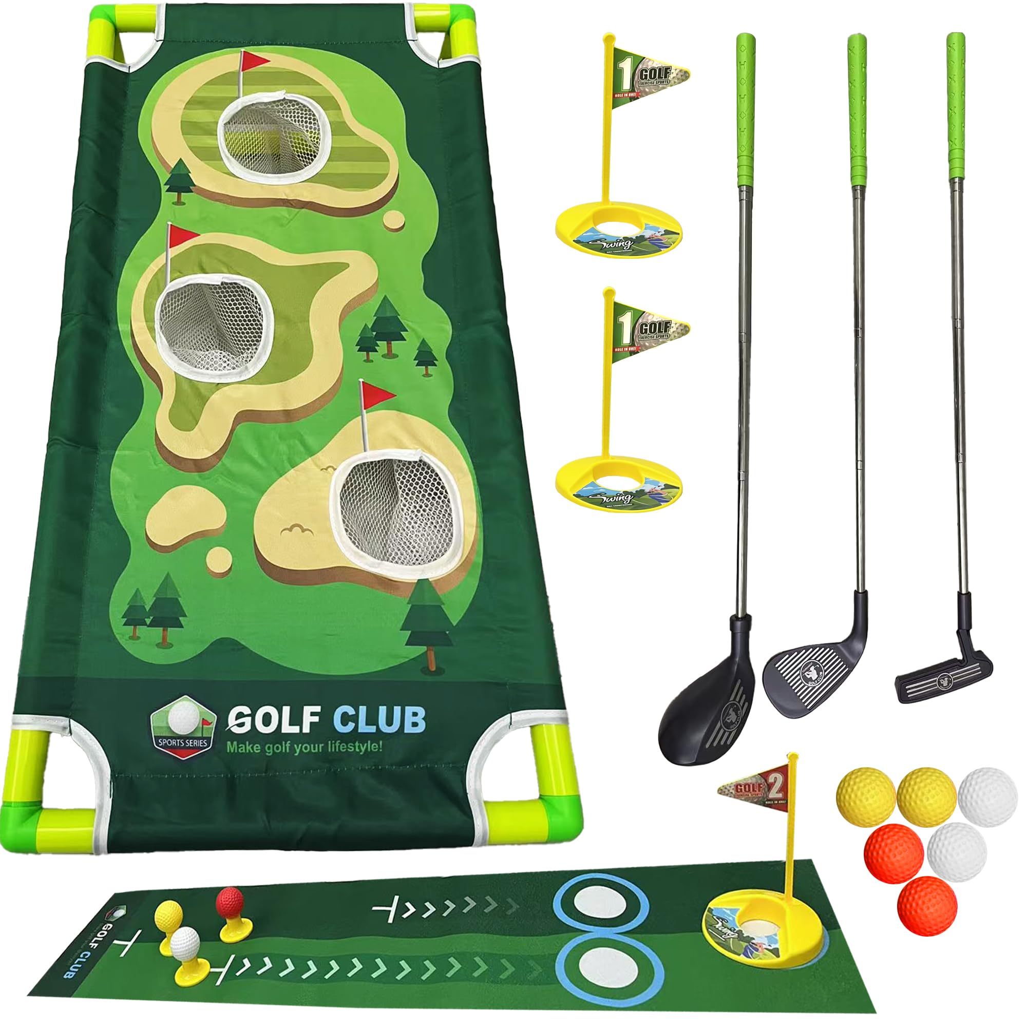 Toddler Golf Clubs Set - Kids Retractable Indoor Outdoor Game Play Toys for 3 4 5 6 7 8 Years Old Boys Girls - Realistic Yard Toy Kit with Adjustable Golf Club Putting Mat Cornhole Board Scoreboard