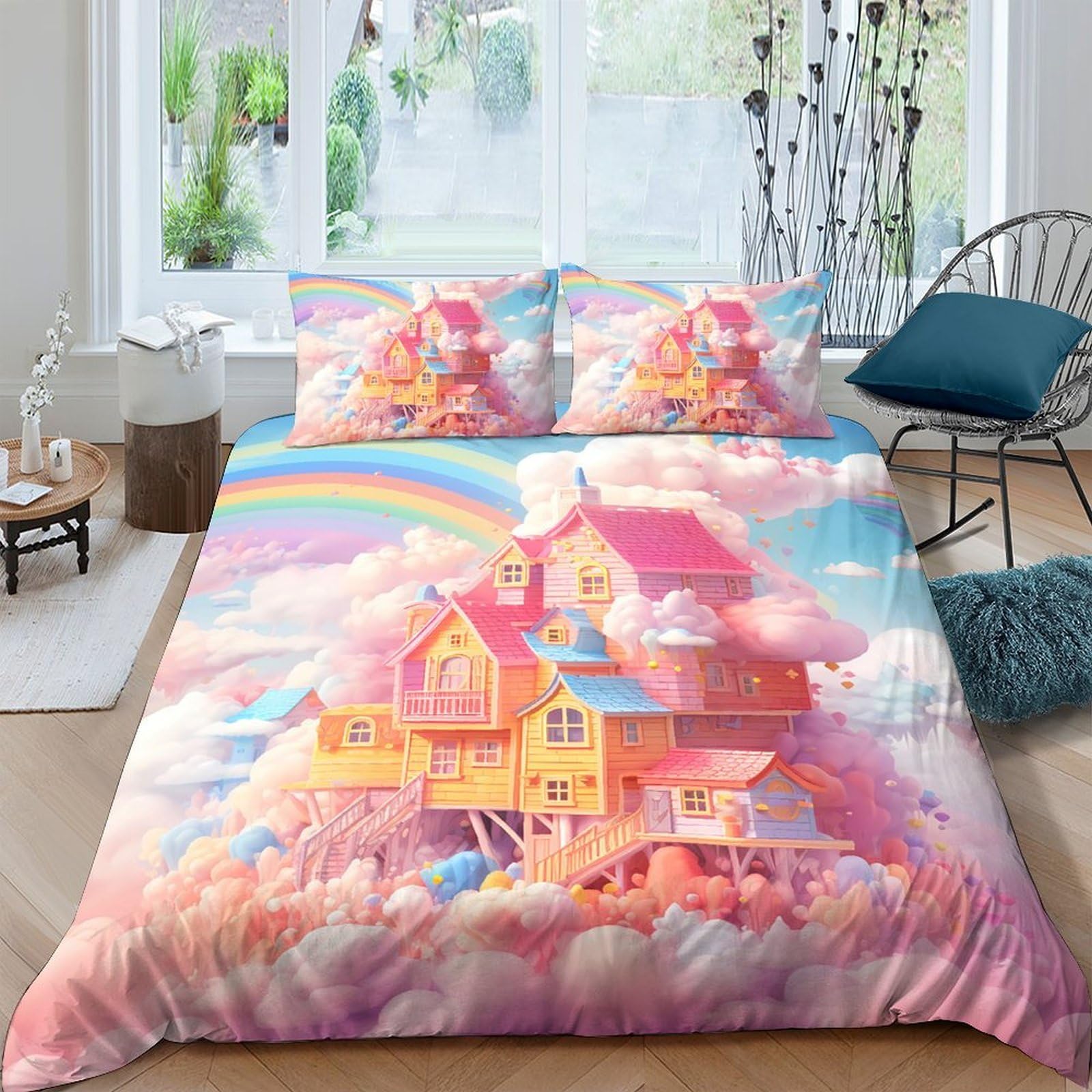 Ctjqhvkz Style-7 3D Printed Dream Castle Fitted Sheet Microfiber Rainbow Cloud Bed Cover For Bedroom Guest Room Mattress Protection Decor Single（135X200cm）