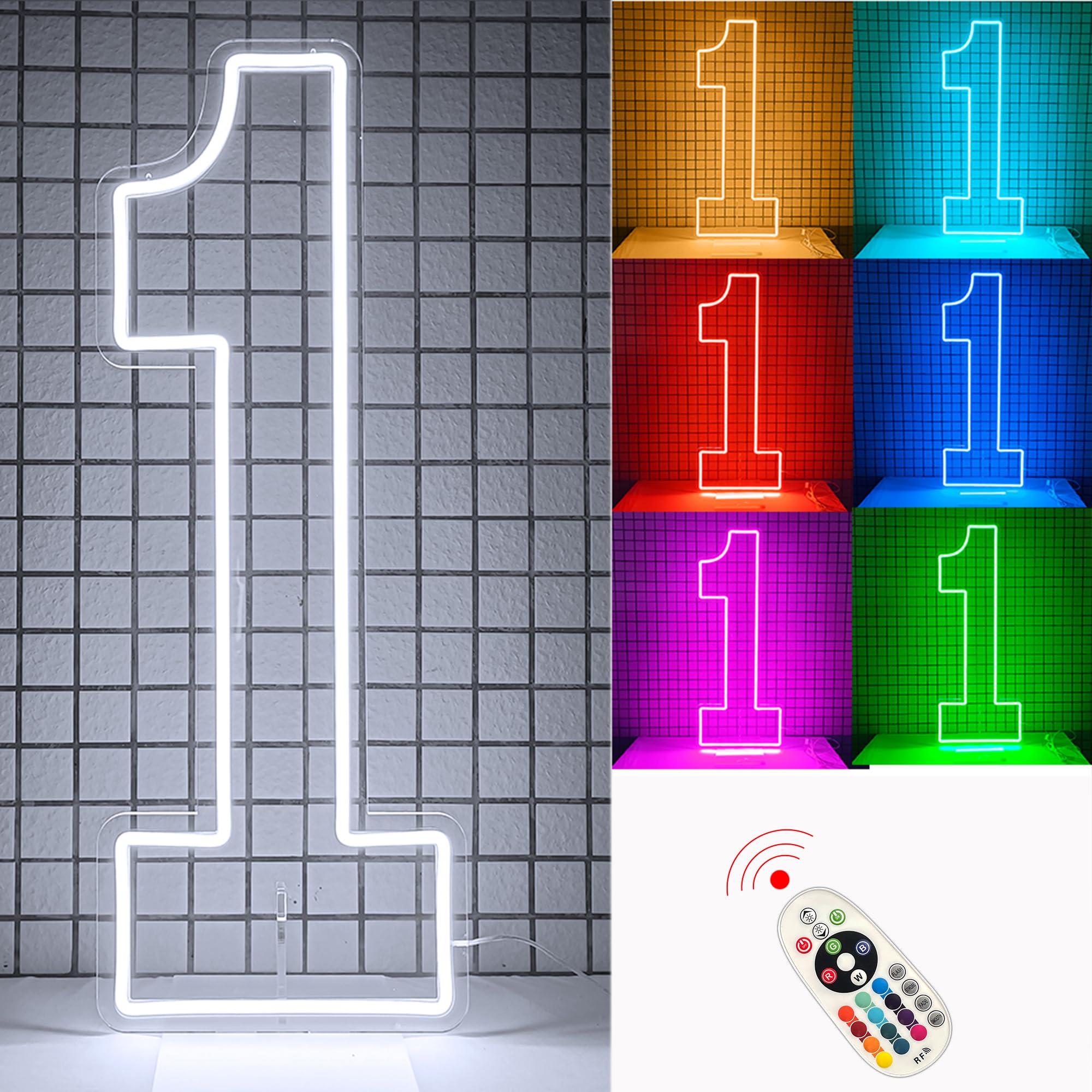 DS&DV 2.5FT Led Neon Number 1 Light Sign,Color-Changing Neon One with Stand Up Base for 1st Party Decoration (Color-changing, Number 1) โ image 1