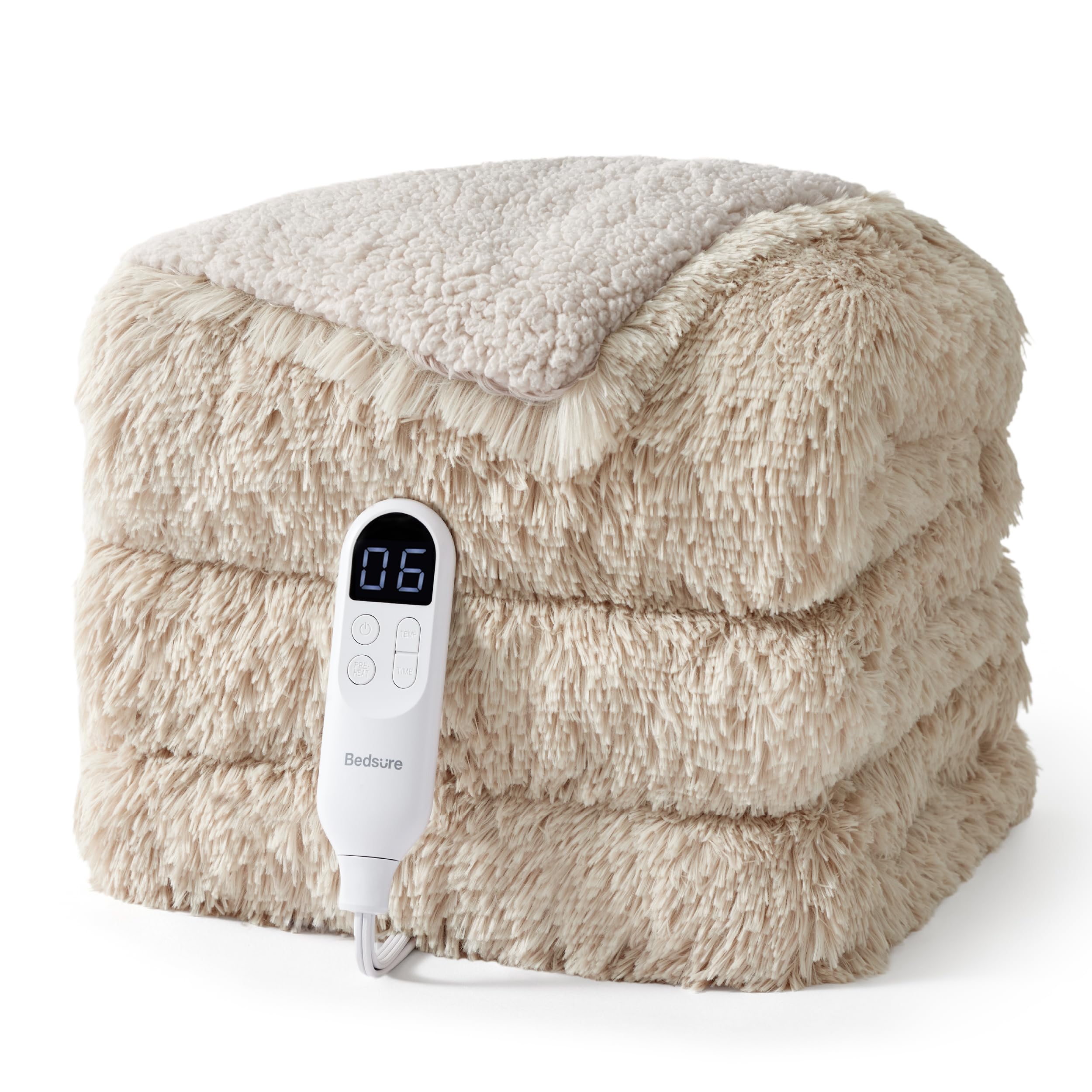 Bedsure Faux Fur Heated Blanket Full, Long-Pile Electric Blanket, Beige