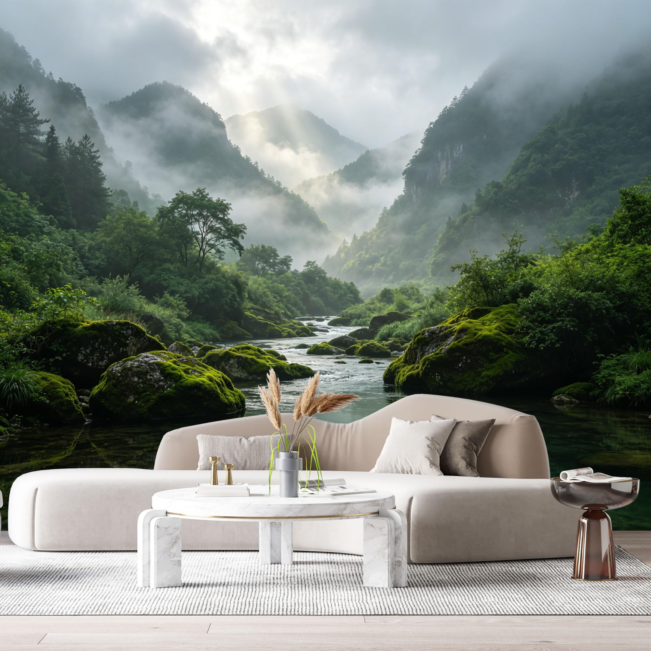 Custom Size Wall Murals Misty Mountain Landscape River Valley Forest Nature Scenic View SelfAdhesive Wall Fabric Removable Large Wallpaper for Photo Living Room