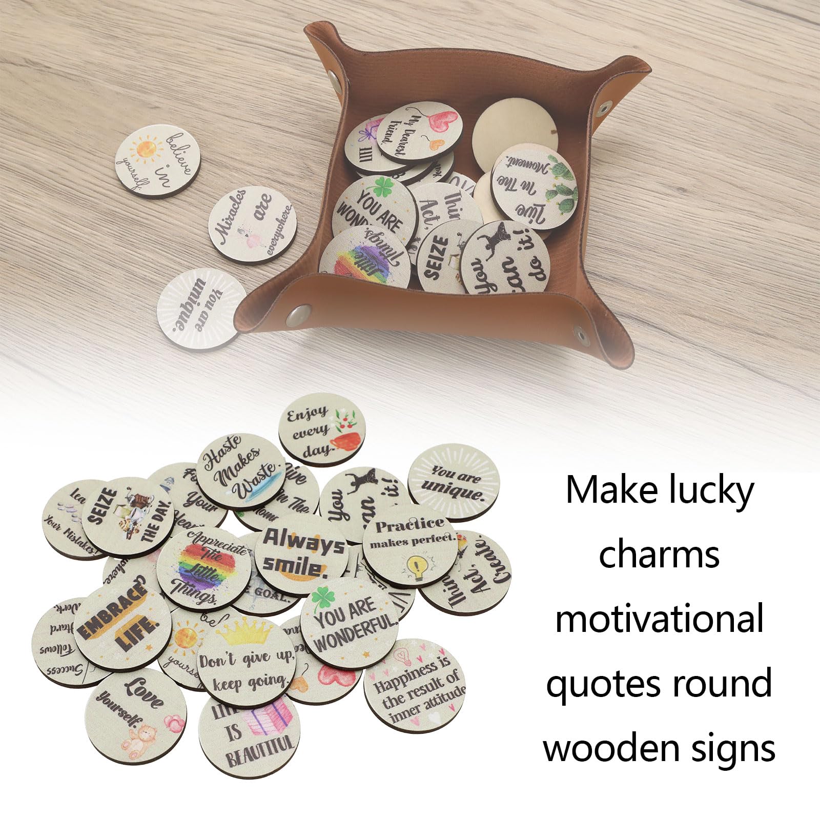 EMSea 24Pcs Lucky Wooden Round Motivation Charms Set including Inspirational Sayings and Colourful Patterns Inspiring Decoration for Friends Colleagues Children English - Image 2