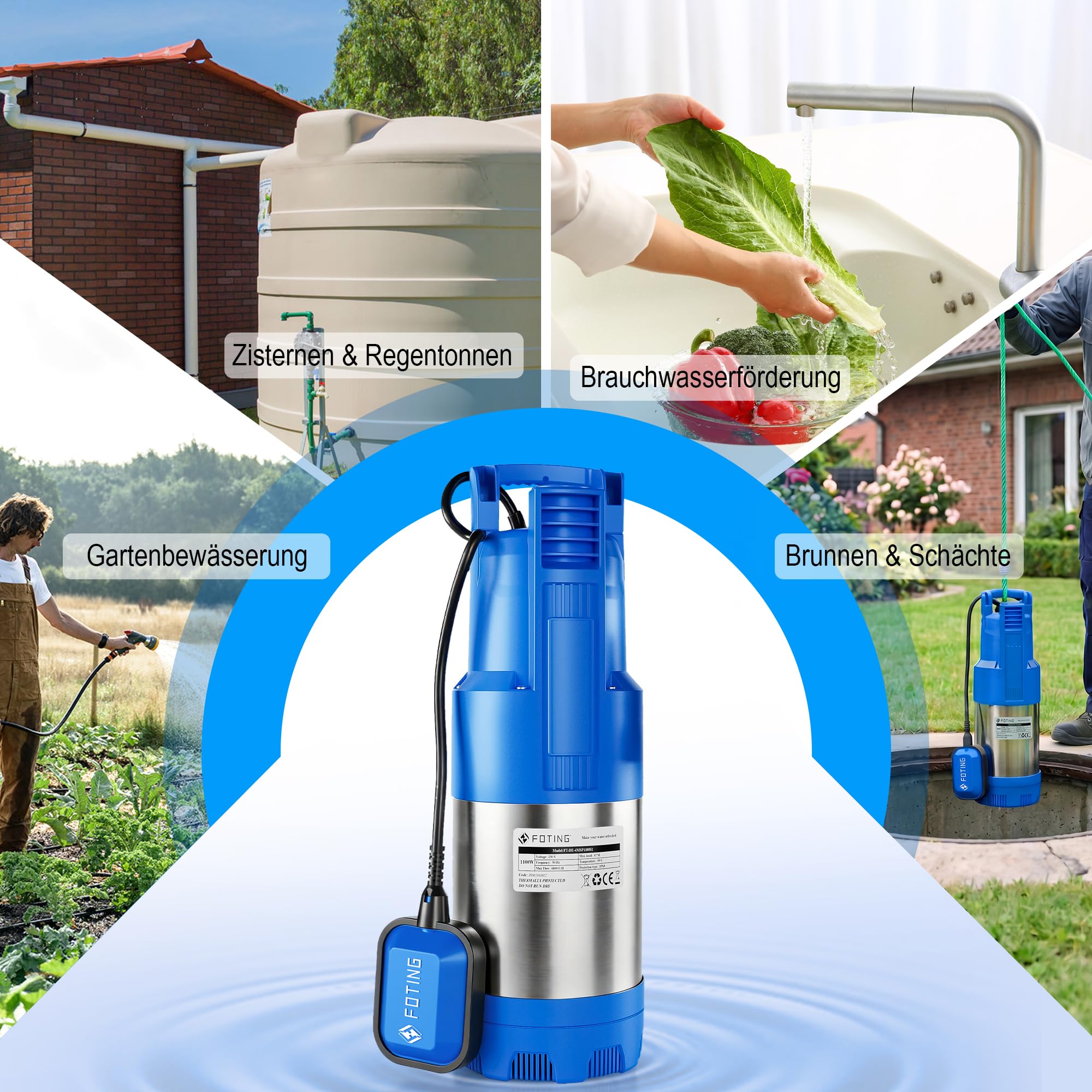 FOTING Tauch-Druckpumpe 4 inox, 1100W Tauchdruckpumpe mit 6800 l/h Fördermenge, Förderhöhe max. 47 m, Eintauchtiefe max. 7 m, integrierter Schwimmerschalter, für Schächte, Zisternen, Garten