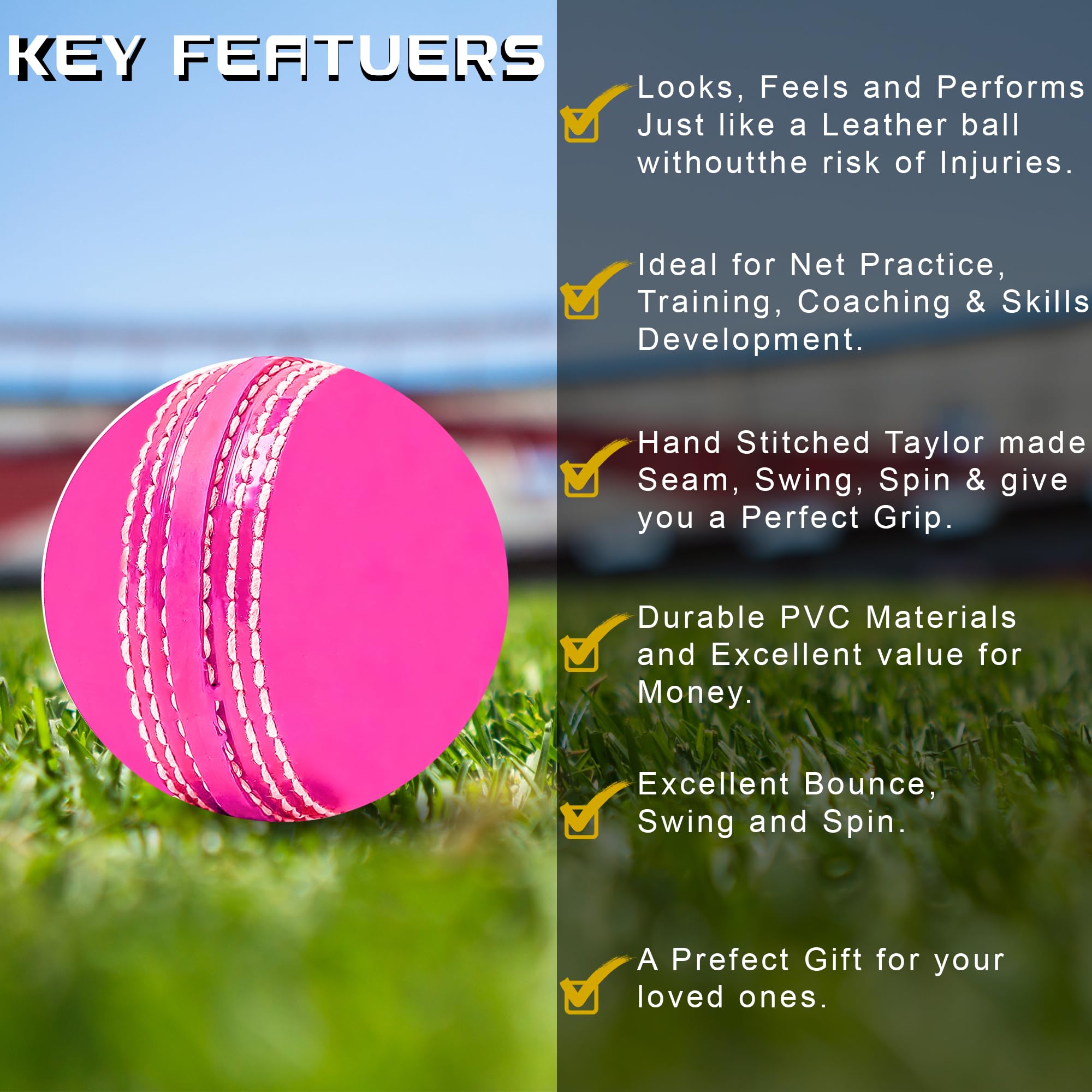 SialPro Soft Cricket Rubber Ball Set Indoor/Outdoor Play for Junior Youth Adult Training, Coaching, Practice Excellent Bounce with Durable Traditional Seams Stitched (Pink 1 Pack)