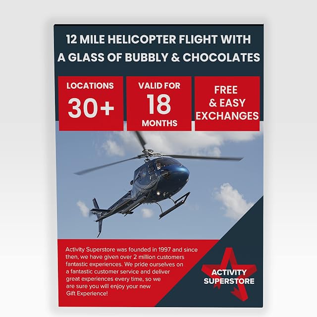 Activity Superstore 12 Mile Helicopter Flight with a Glass of bubbly & Chocolates Gift Experience Voucher Available at 30+ Locations