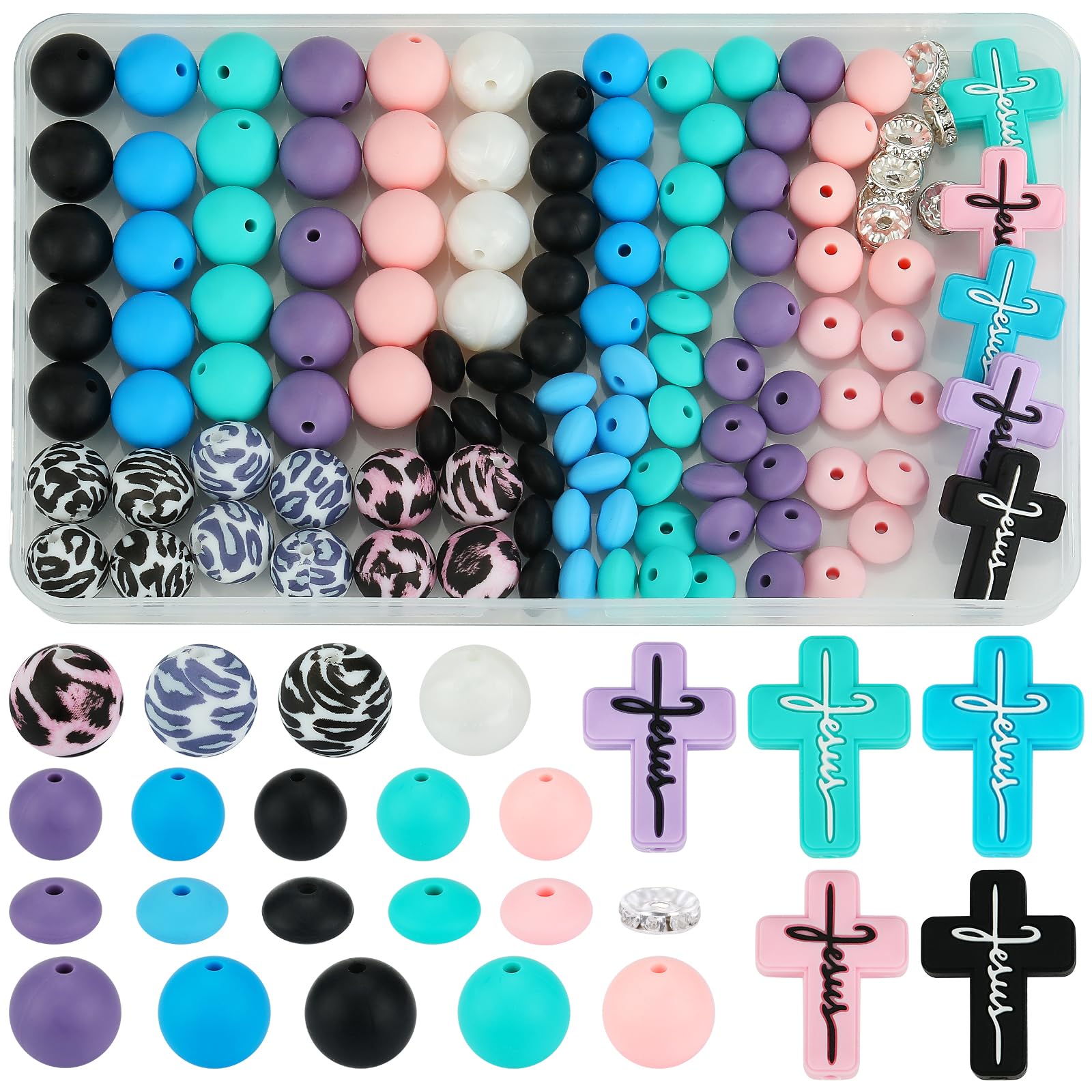 HUAAPLEVLA 121 Pcs Religion Themed 12mm 15mm Silicone Beads Kit for Keychain Making Cross Beads Round Focal Beads for Pens Bracelets Necklace DIY Crafts Jewelry Making