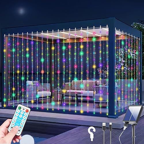 Upgraded Solar Curtain Lights Outdoor Waterproof 600 LED Waterfall String Lights 8 Modes Remote Type C Charging Hanging Twinkle Fairy Lights