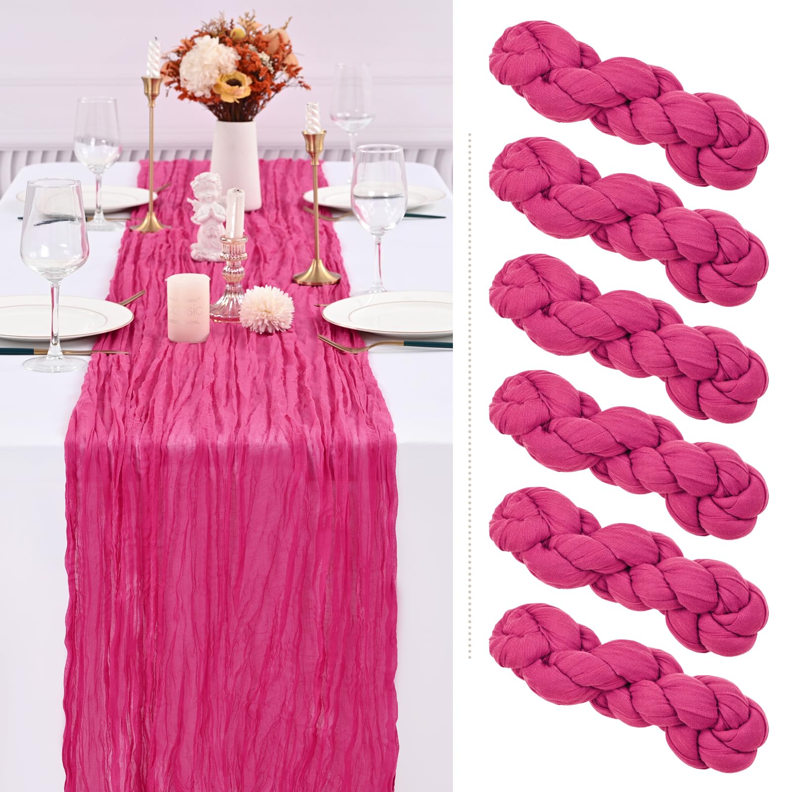 Showgeous 6 Pack Hot Pink Cheesecloth Table Runner, 10FT Long Semi-Sheer Boho or Rustic Gauze Table Runner Wedding Table Decor for Wedding Decor Arch