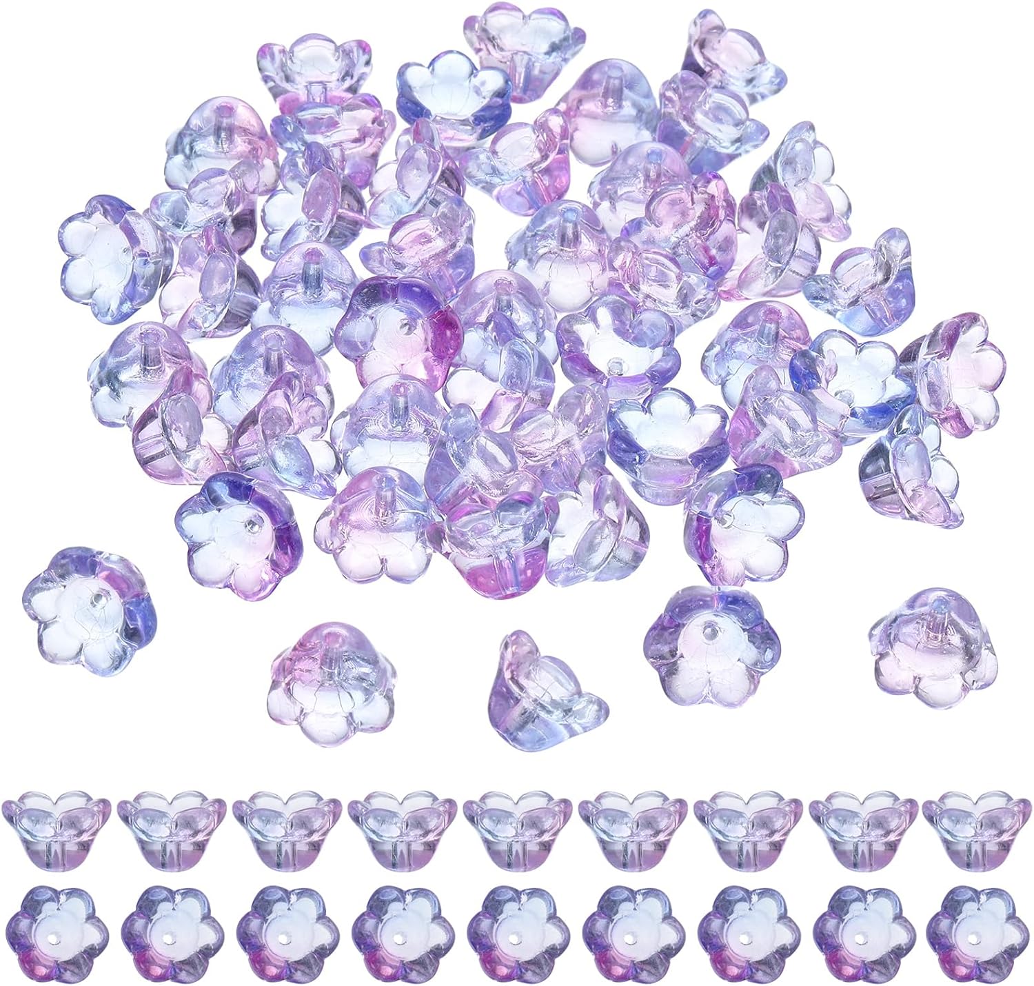 uxcell 100 Pcs Glass Flower Beads for Jewelry Making, Glass Trumpet Flower Spacer Beads Floral Loose Bead Caps Charm for DIY Necklace Earrings Bracelets Crafts Supplies, Blue/Purple