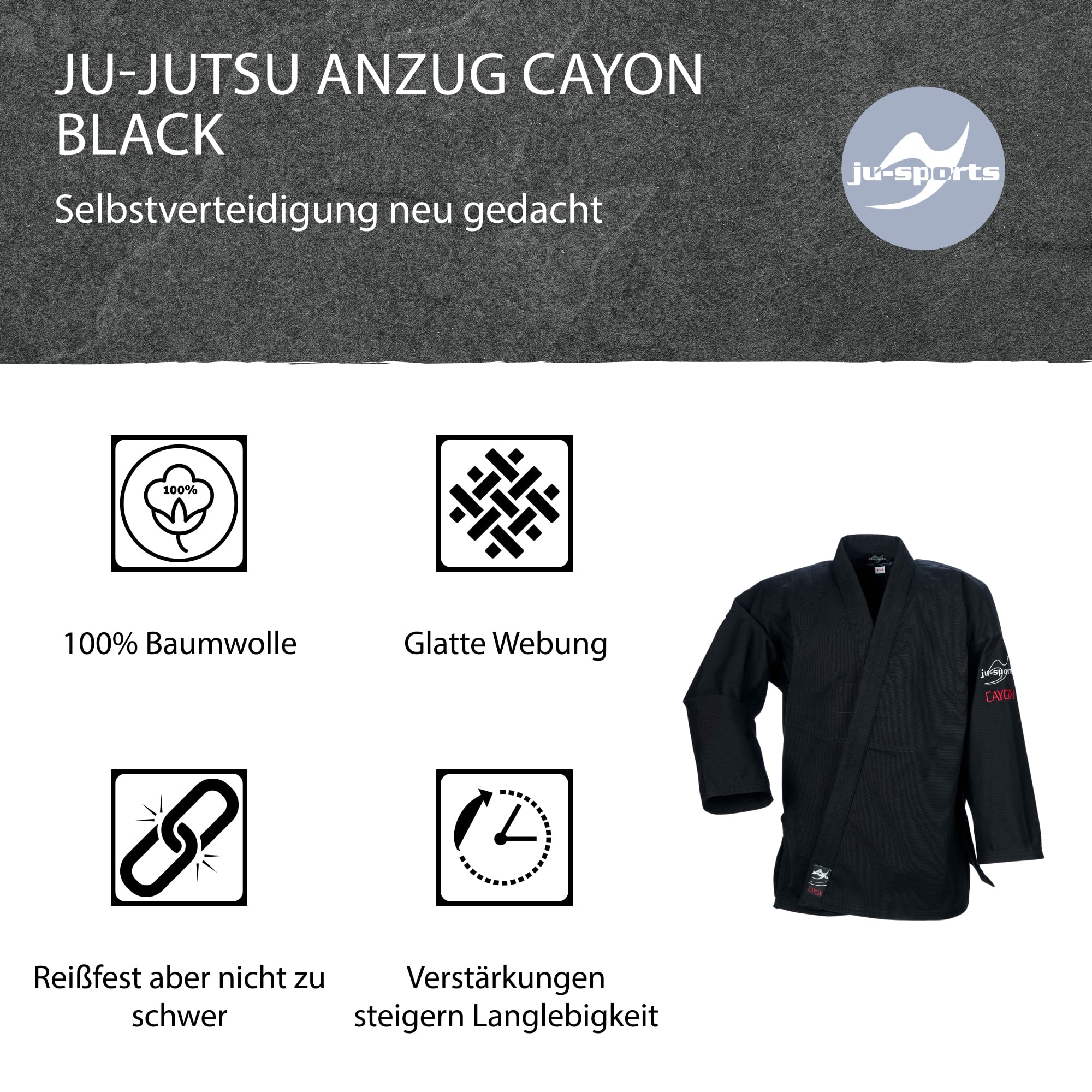 Ju-Sports Jujutsu Anzug Cayon schwarz - Moderner Gi für Erwachsene & Kinder 100% Baumwolle, Robuster Stoff, Doppelt verstärkter Brust- & Schulterbereich