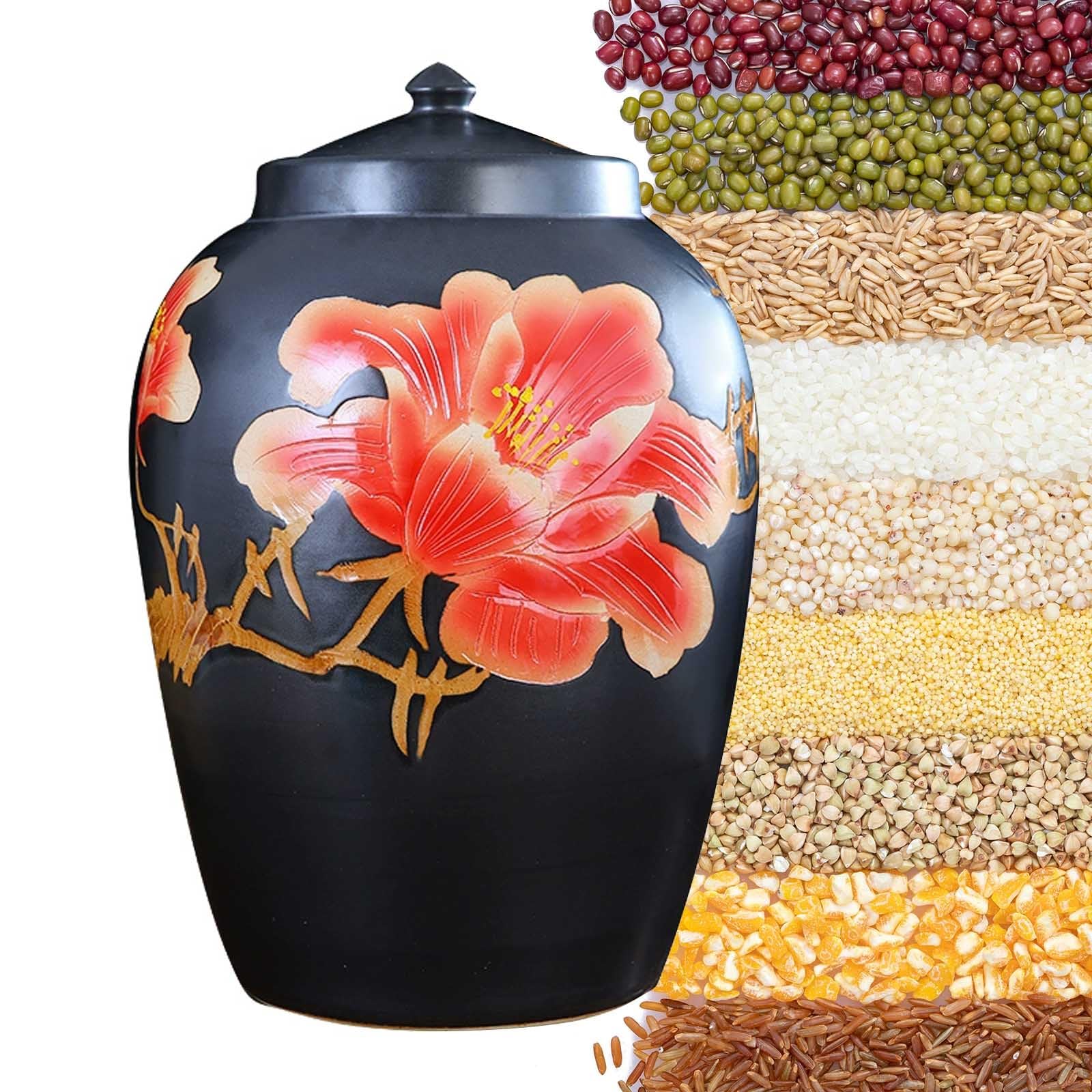 MESCXTY Ceramics Rice Jar 33 55 110lb Large Ceramic Food Storage Canister with Lid Household Bucket Grain Dispenser Jars Airtight for Soybeans Corn Flour Oatmeal(Capacity: 55lb)