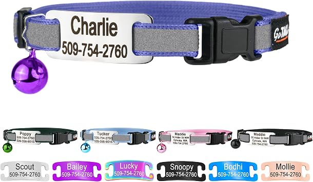 GoTags Personalized Reflective Cat Collars with Tag, Engraved Custom Name