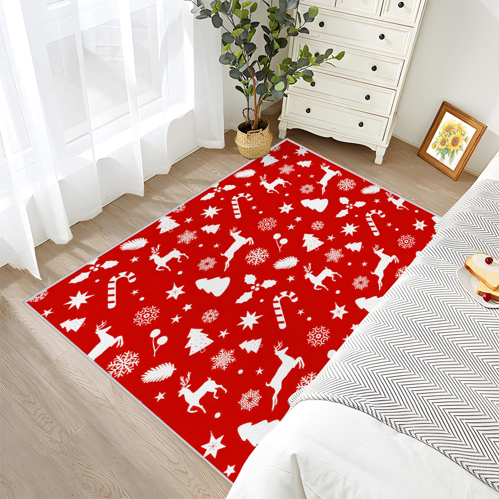 Großer waschbarer Kurzflor-Teppich 200x300, Weihnachten Teppich, Modern Rot Dünn Saugfähig Vielseitig für Wohnzimmer Schlafzimmer Oder Als Bettvorlege N73
