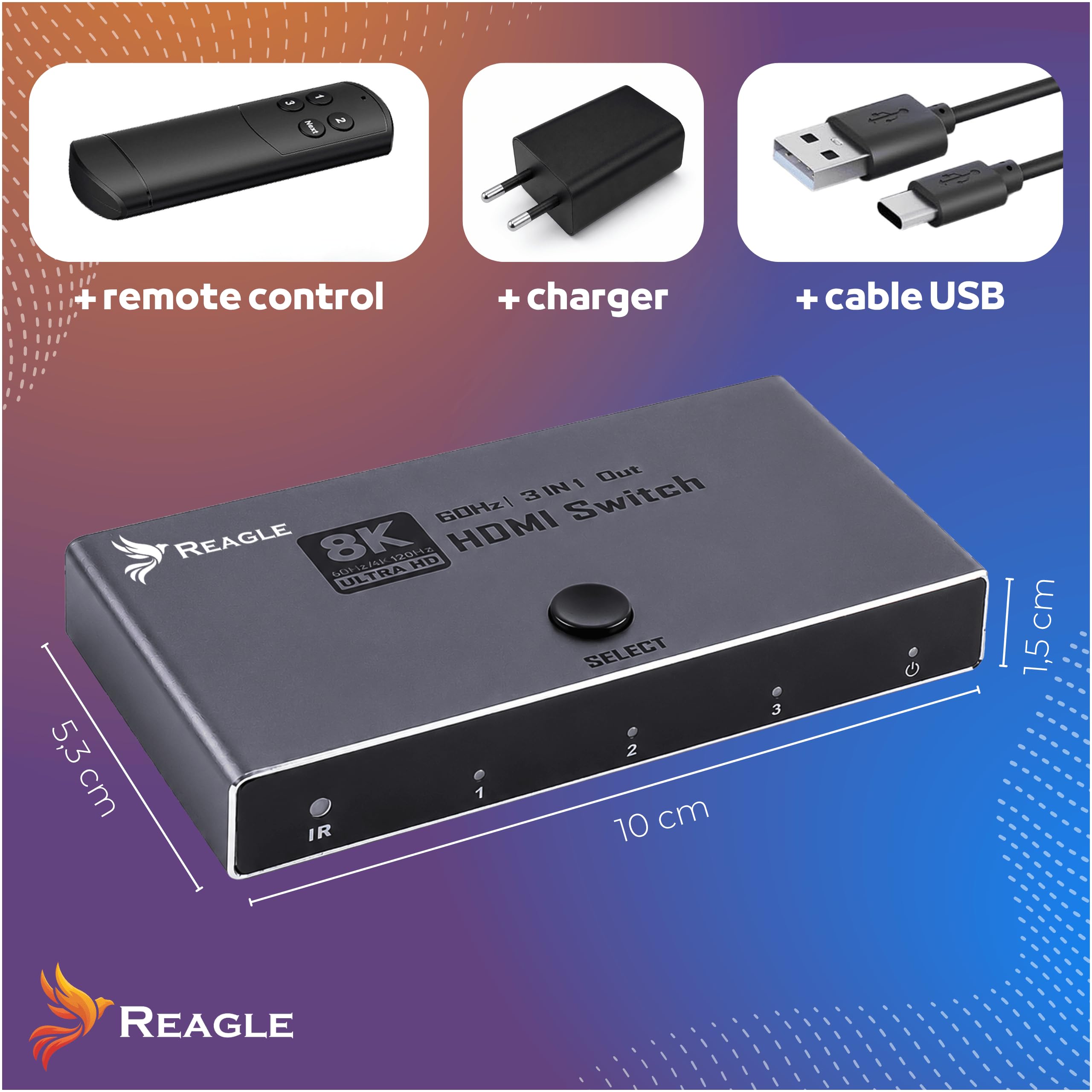 Reagle Switch HDMI 2.1 3 Entradas 1 Salida 8K 60Hz 4K 144Hz, Conmutador HDMI 48Gbps con Mando, HDR10, Dolby Vision, para PS3 PS4 PS5 Xbox 360 One Series X S