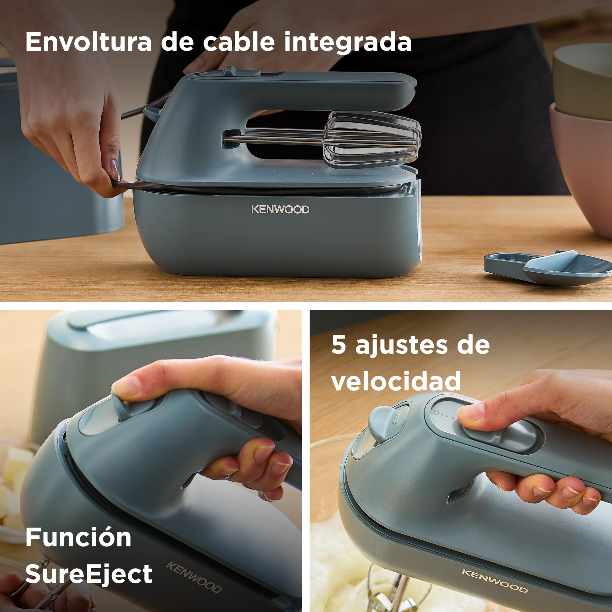 Kenwood QuickMix Go HMP40.000GY, Batidora de Varillas Eléctrica con Funda Integrada, Varillas y Ganchos de Amasar en Acero Inoxidable, 5 Velocidades, Hecho con Plástico Reciclado, 350W, Azul Tormenta