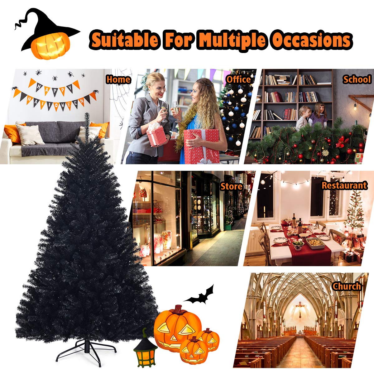 RELAX4LIFE 180 cm Künstlicher Weihnachtsbaum schwarz, Christbaum mit 1036 Spitzen und Metallständer, Tannenbaum für Zuhause, Büro, Schule, Geschäfte
