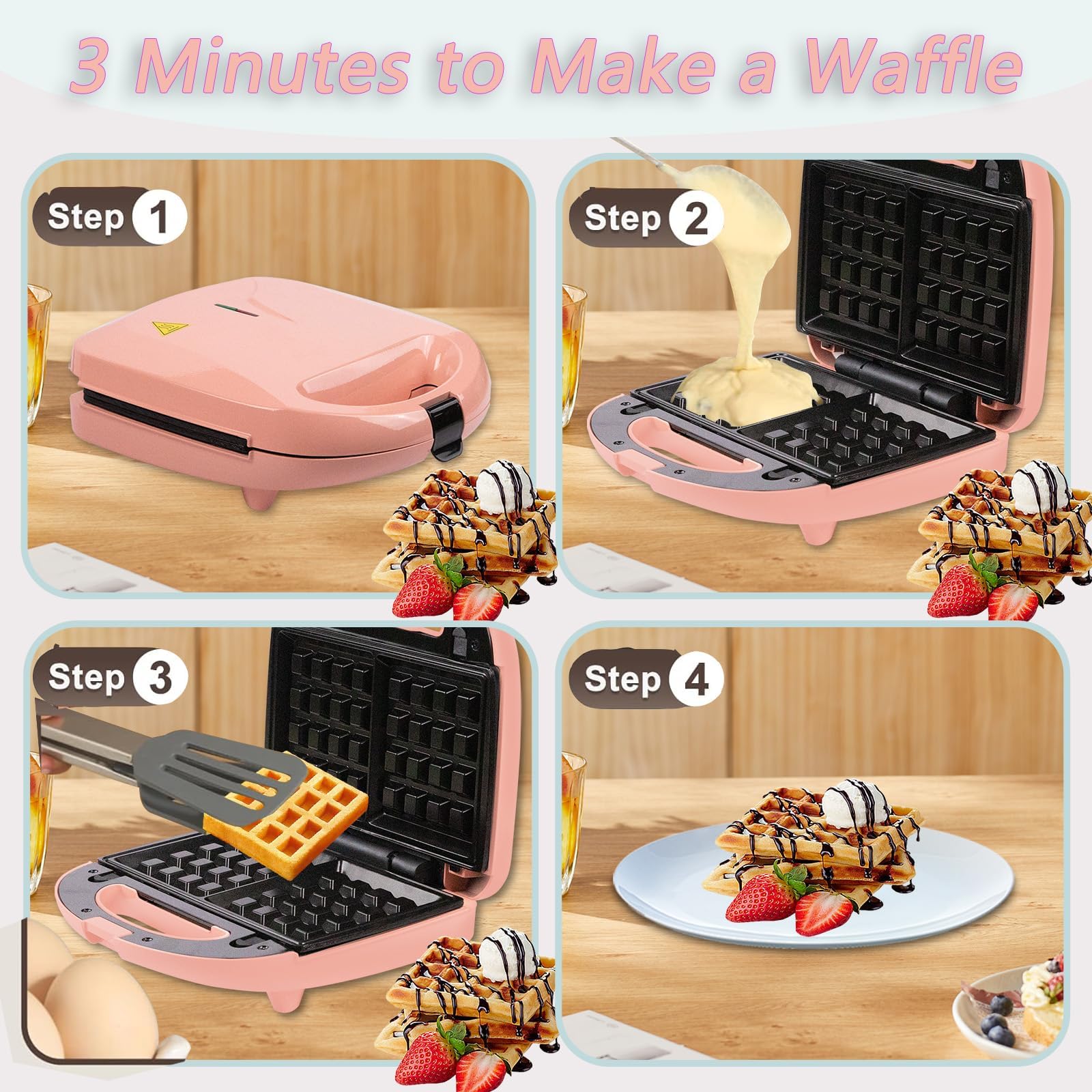 Mini Waffle Maker, Square Waffle Maker, Sandwich Maker, Waffle Iron, Nonstick Surface, Space Saving Compact Design, Perfect Sandwich Maker Press for Kids and Families (Pink)