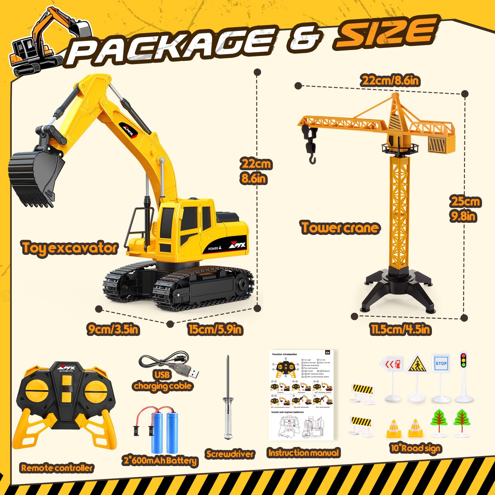 HappyGoLucky 1:24 Excavadora Juguete Teledirigido para Niños 3-9 Años, Camiones Juguete RC Teledirigido 2.4GHz con Grúa Torre y Señales de Tráfico, Luz LED, Mini Excavadora, Regalo Cumpleaños/Navidad