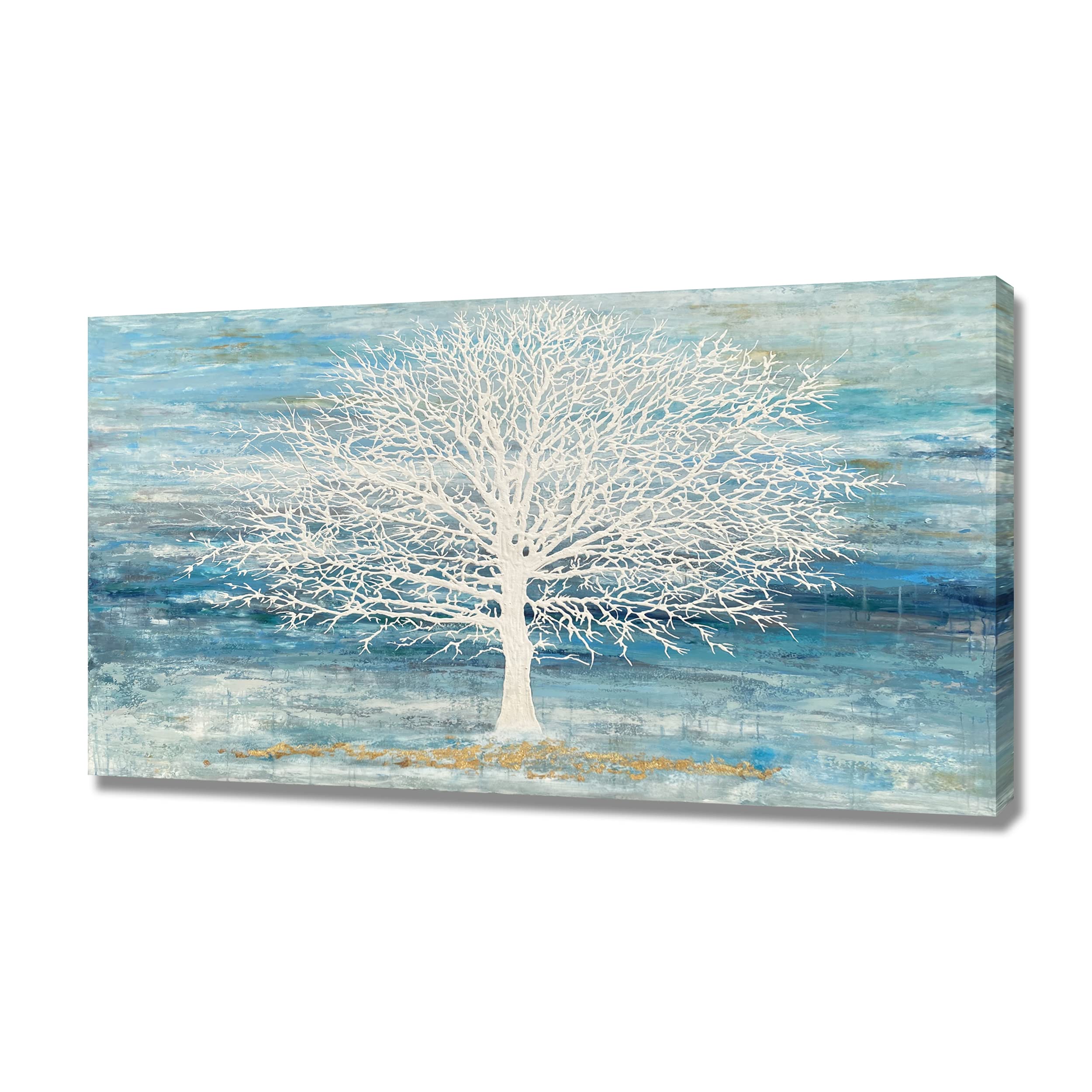 Tree Canvas Wall Art Blue and White 3D Landscape Painting with Gold Foil Rustic Print Artwork Picture for Living Room Bedroom Framed