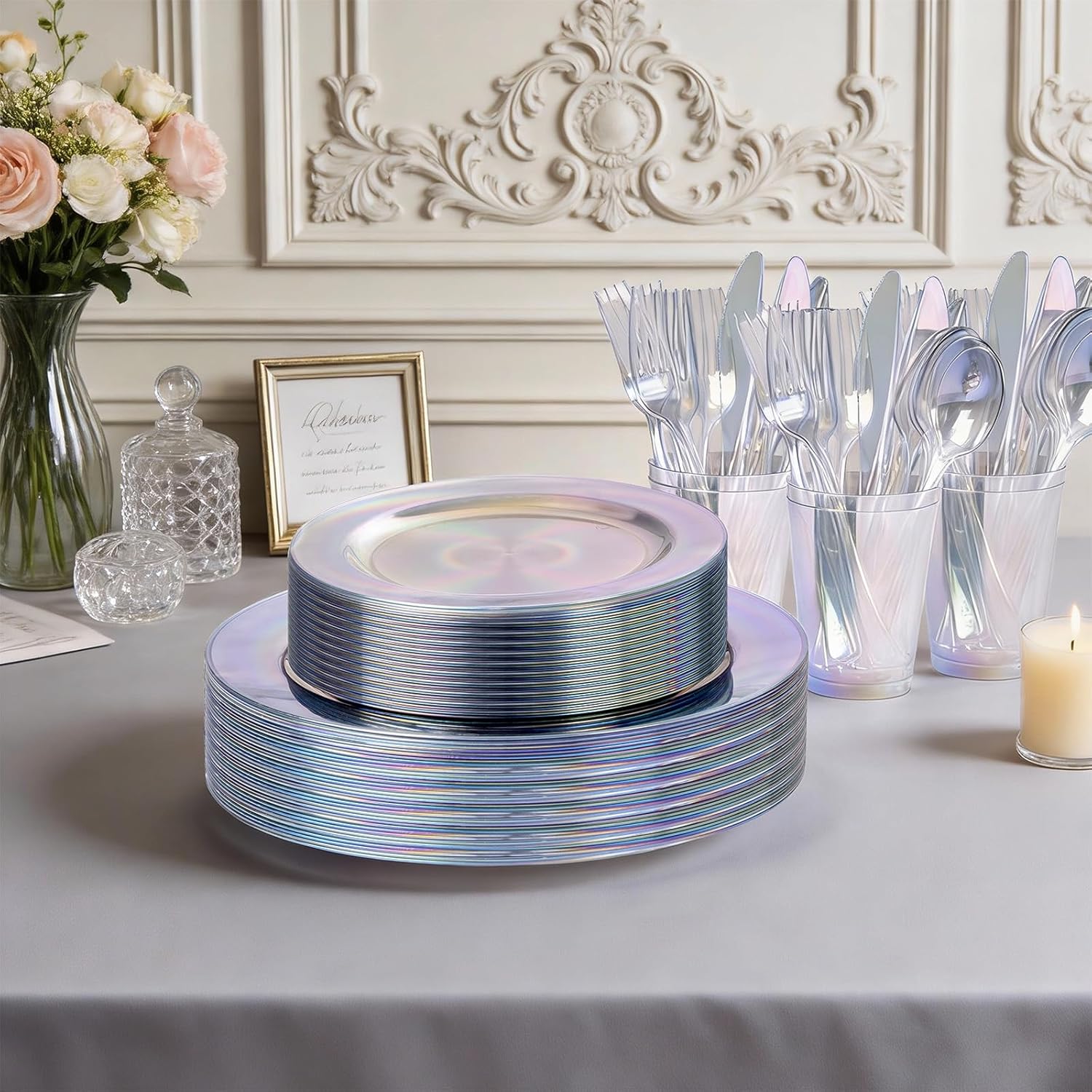 Rubtlp Candy Plastic Dinnerware Set, Iridescent Plastic Plate With